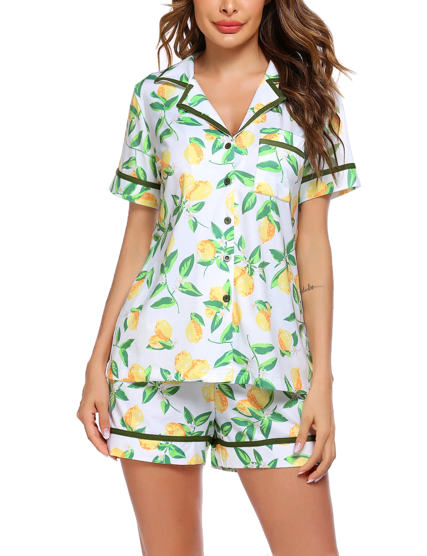 Ekouaer Women's Pajama Sets 2 Piece Short Sleeve Button Down Tops and Pants Pj Set V Neck Sleepwear Loungewear Chest Pocket