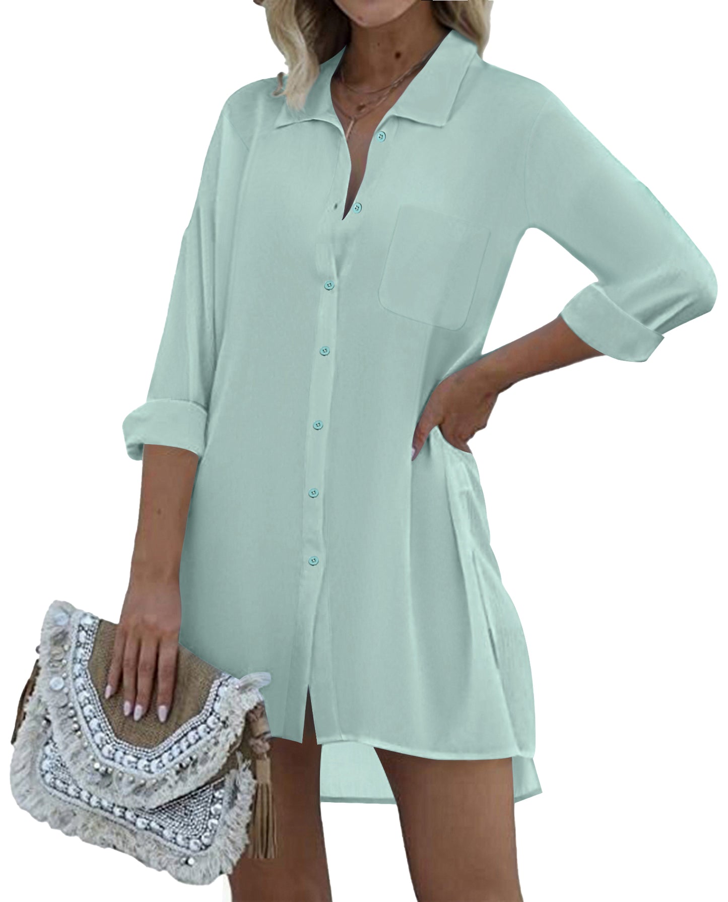 Ekouaer Women's Beach Bikini Cover-up Long Roll-up Sleeve Beach Shirt Bathing Suit Cover Up