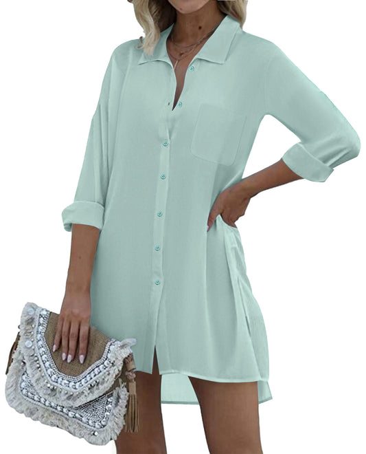 Ekouaer Women's Beach Bikini Cover-up Long Roll-up Sleeve Beach Shirt Bathing Suit Cover Up