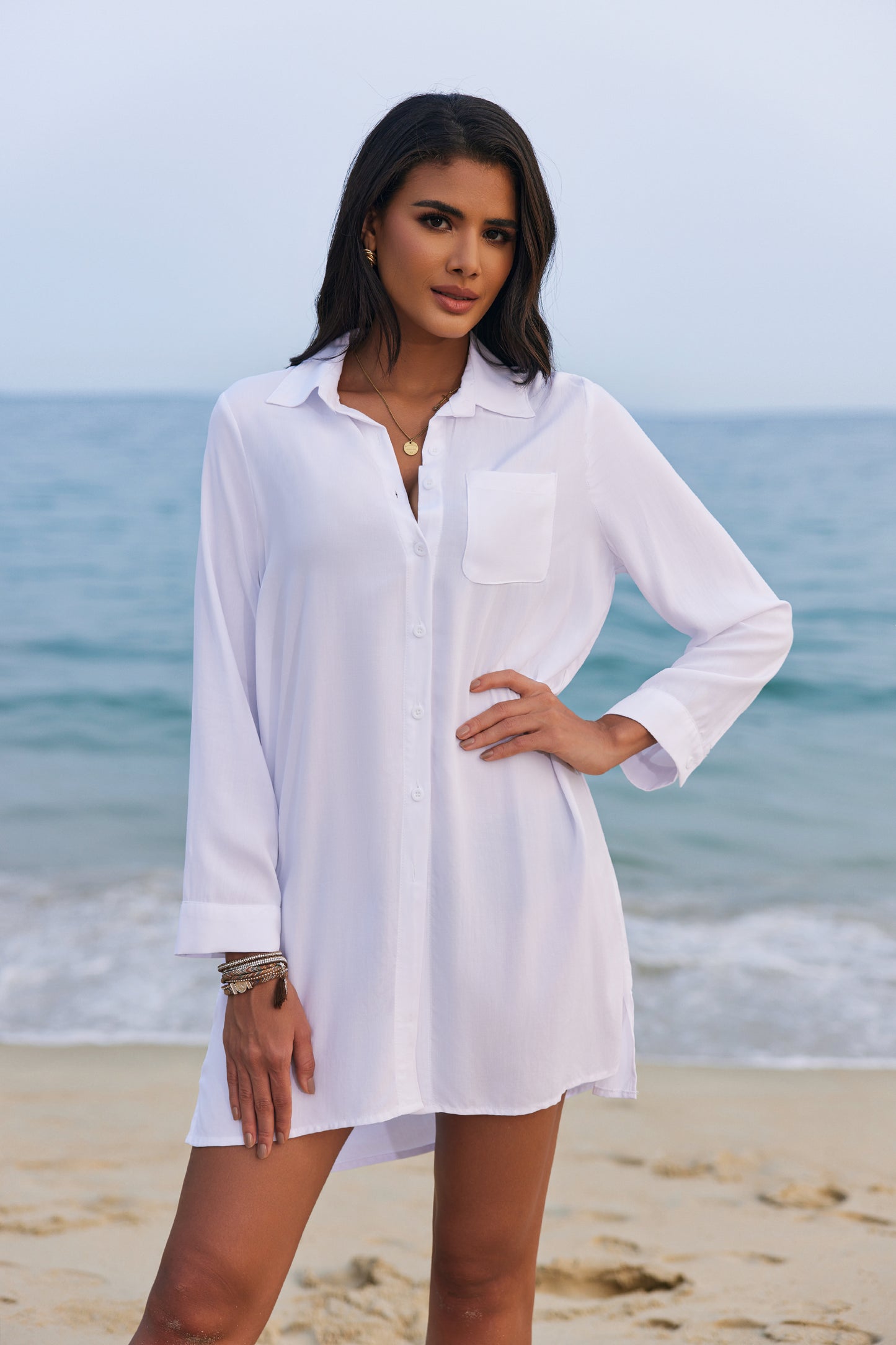 Ekouaer Women's Beach Bikini Cover-up Long Roll-up Sleeve Beach Shirt Bathing Suit Cover Up