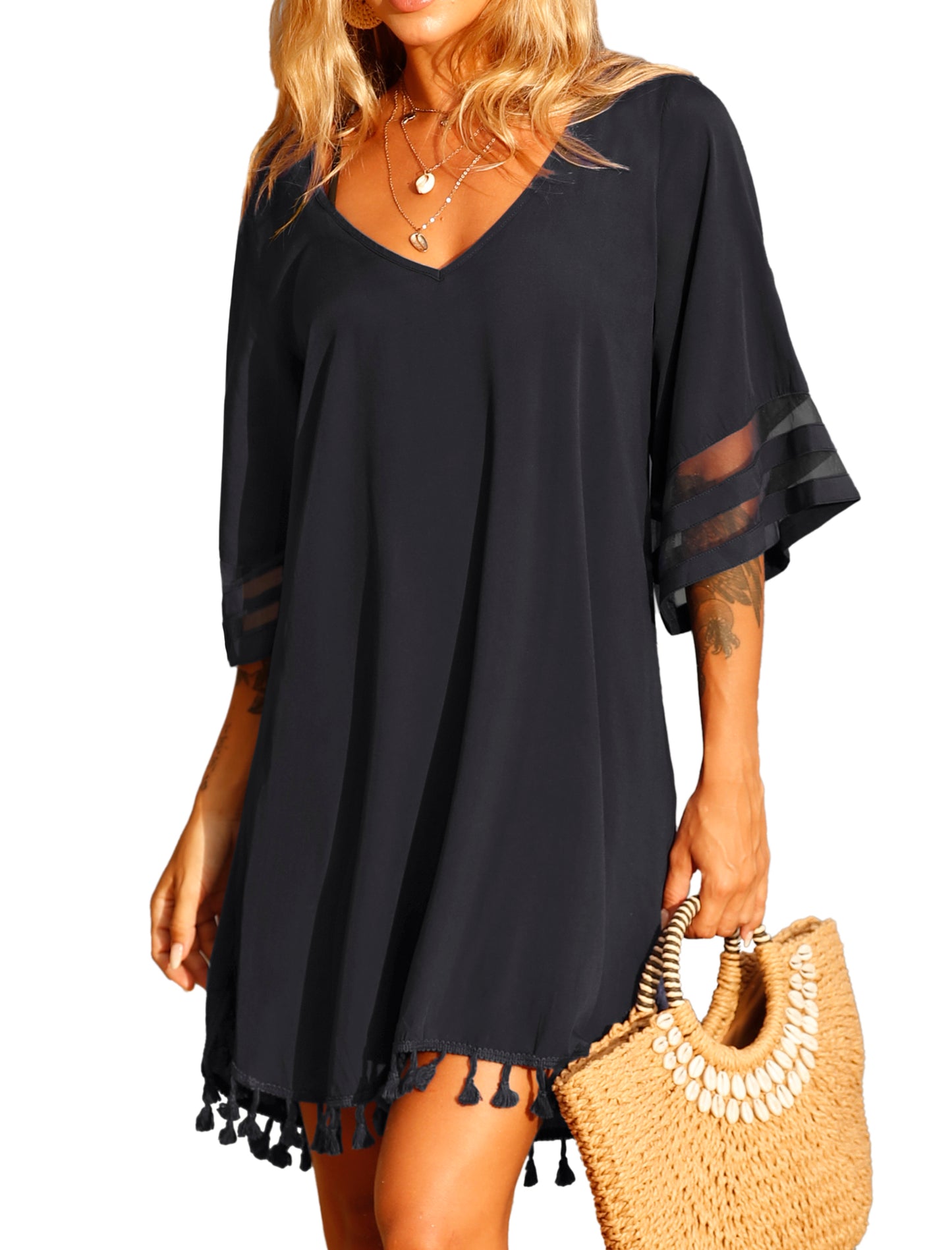 Ekouaer Women's Tassel Swim Cover Ups V-Neck Loose Bathing Suit Dress for Beach Swimwear