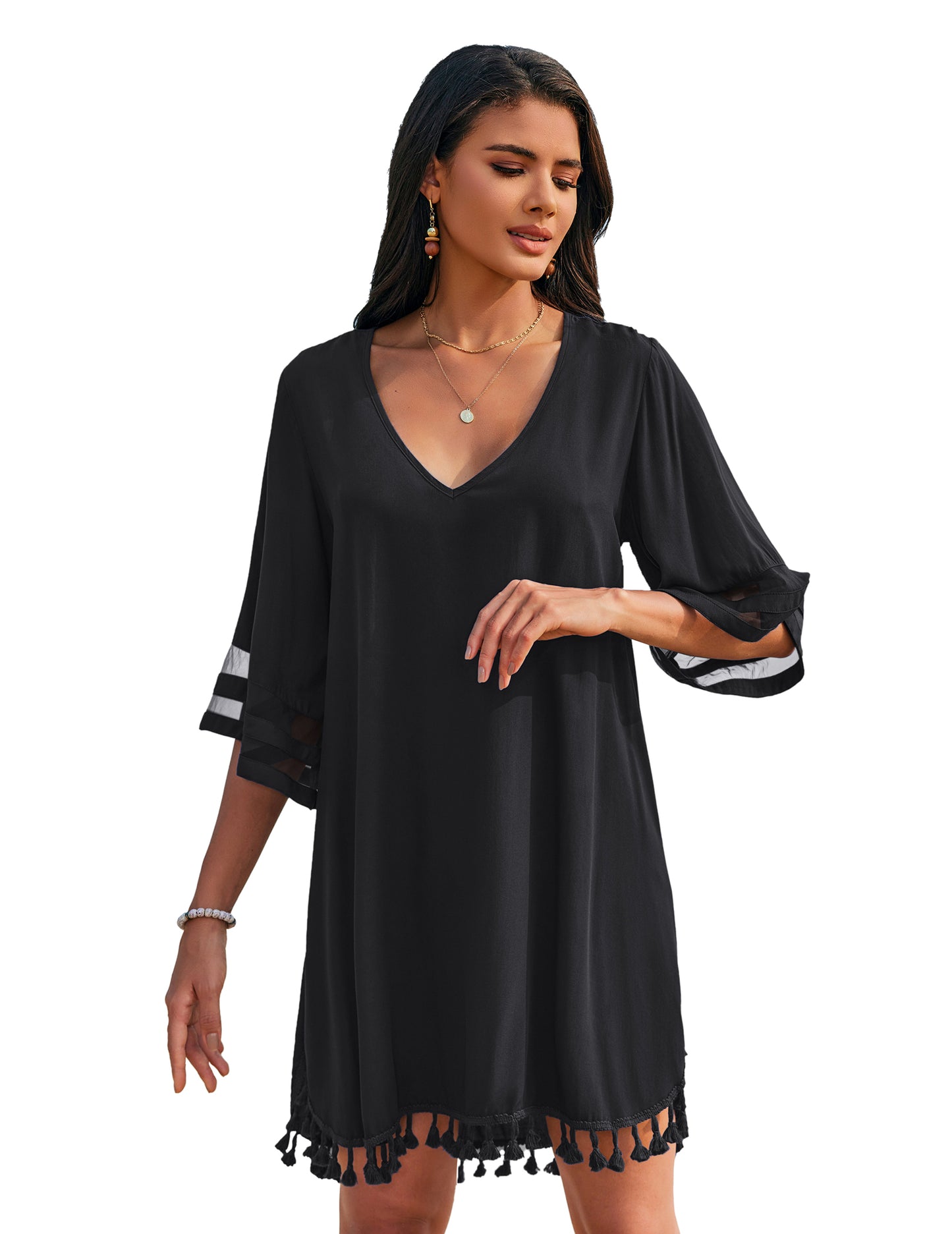Ekouaer Women's Tassel Swim Cover Ups V-Neck Loose Bathing Suit Dress for Beach Swimwear