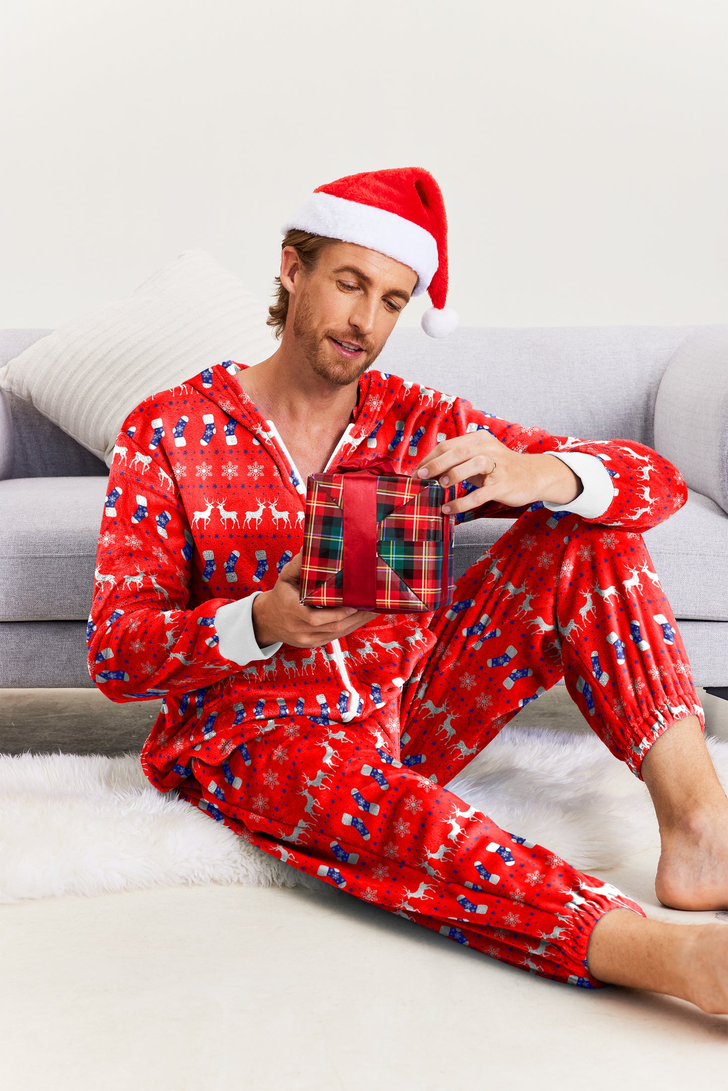 Ekouaer Mens Onesie Christmas Hoodie Fleece One Piece Pajamas Zipper Up Flannel Adult Pjs  Christmas Red L