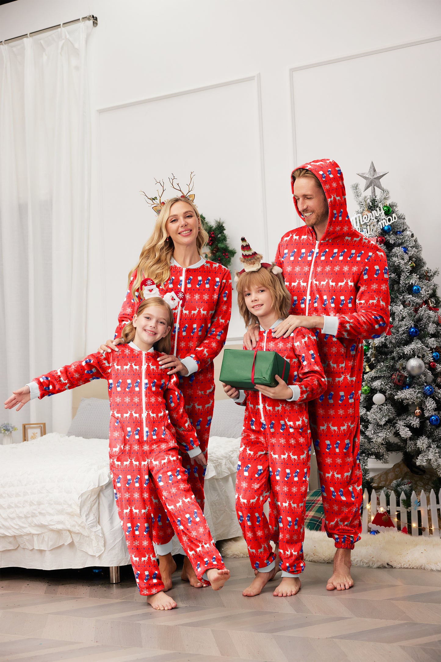Ekouaer Mens Onesie Christmas Hoodie Fleece One Piece Pajamas Zipper Up Flannel Adult Pjs  Christmas Red L