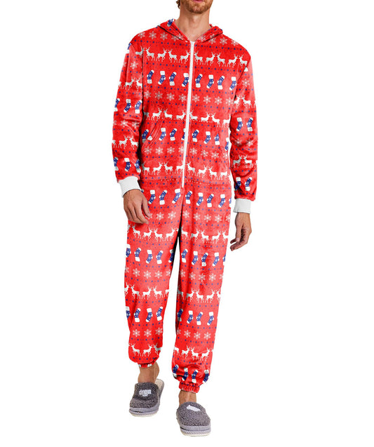 Ekouaer Mens Onesie Christmas Hoodie Fleece One Piece Pajamas Zipper Up Flannel Adult Pjs  Christmas Red L