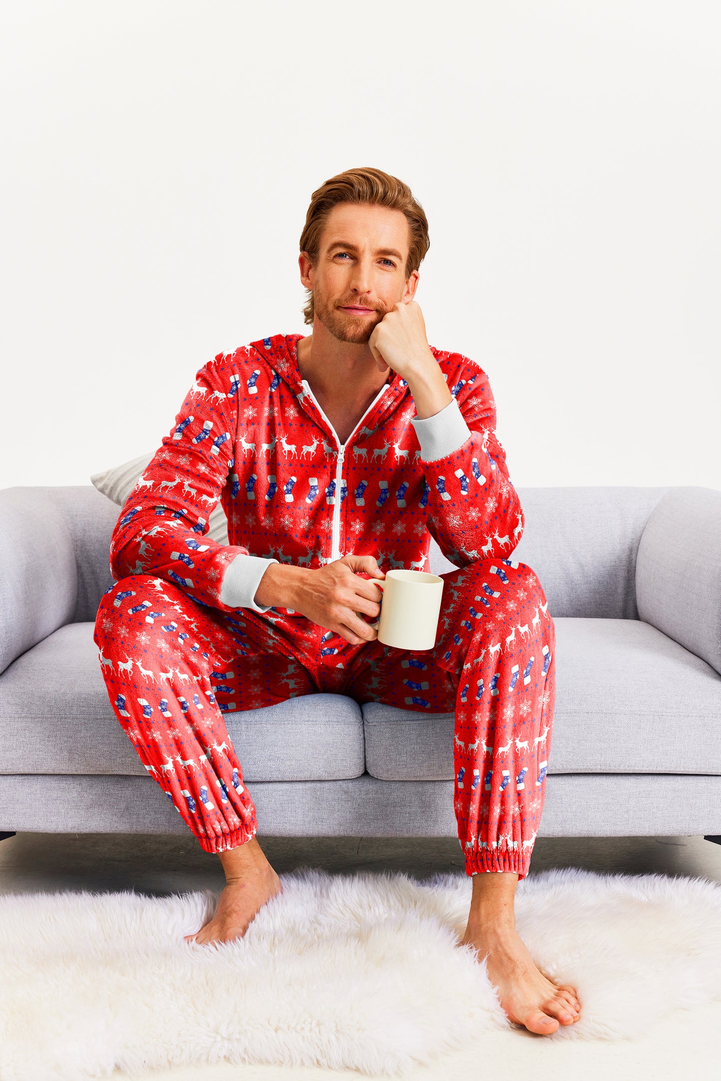 Ekouaer Mens Onesie Christmas Hoodie Fleece One Piece Pajamas Zipper Up Flannel Adult Pjs  Christmas Red L