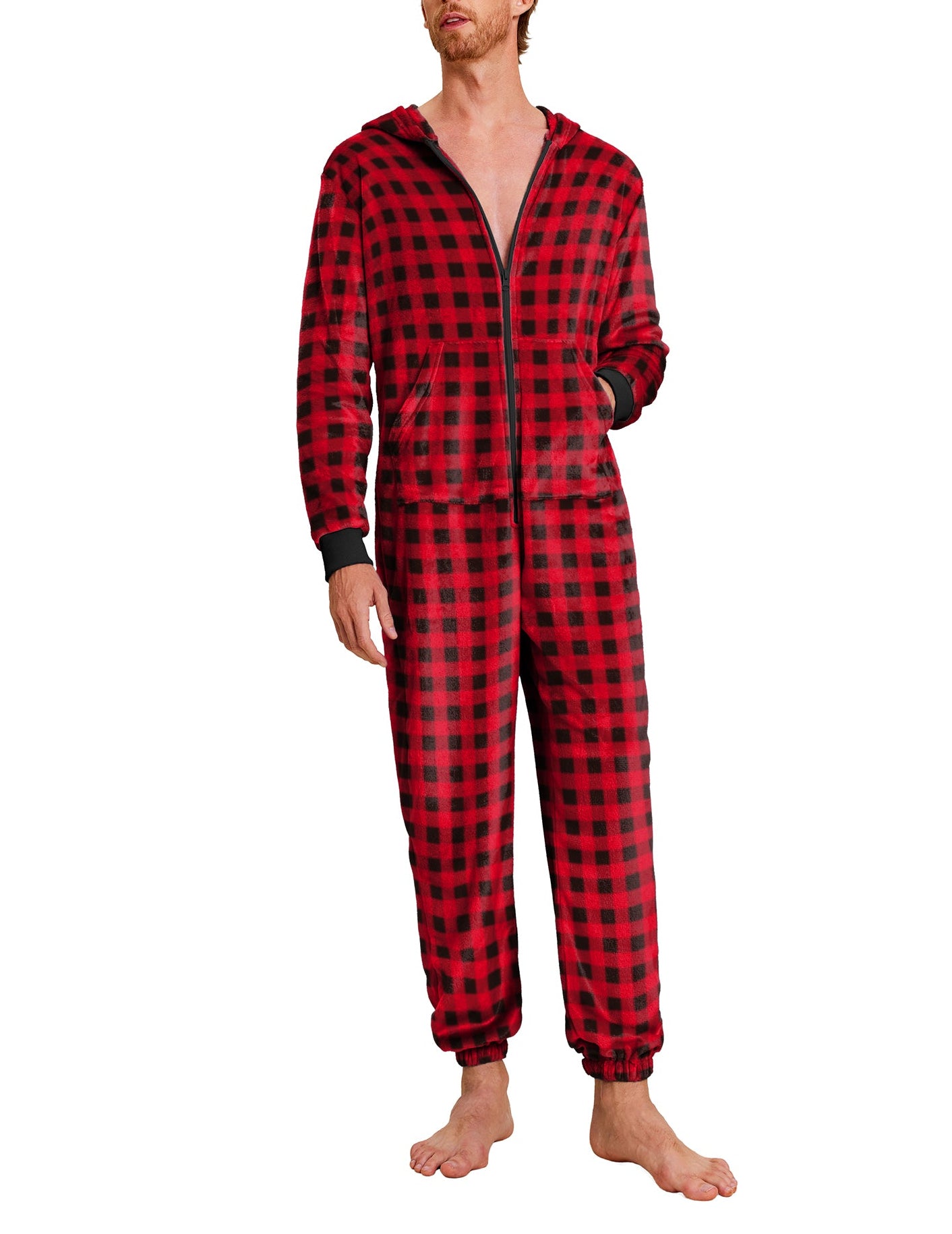 Ekouaer Mens Onesie Christmas Hoodie Fleece One Piece Pajamas Zipper Up Flannel Adult Pjs  Christmas Red L