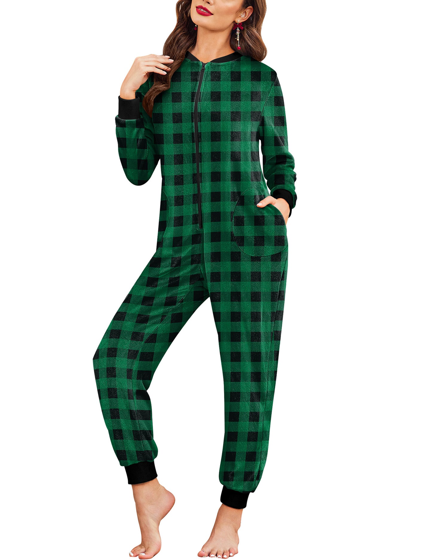 Ekouaer Christmas Onesie Fleece Long Sleeve Adult One Piece Pajamas for Women Zipper Pjs with Pocket