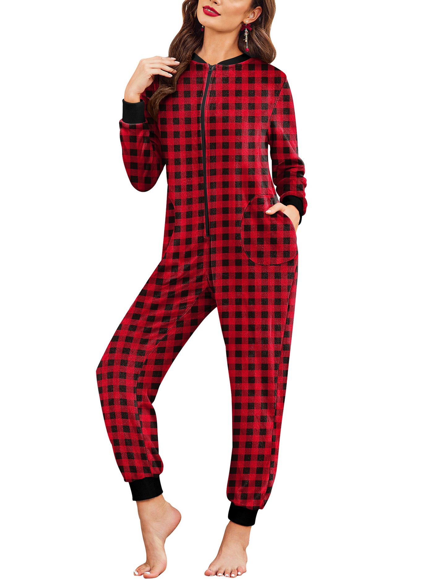 Ekouaer Christmas Onesie Fleece Long Sleeve Adult One Piece Pajamas for Women Zipper Pjs with Pocket