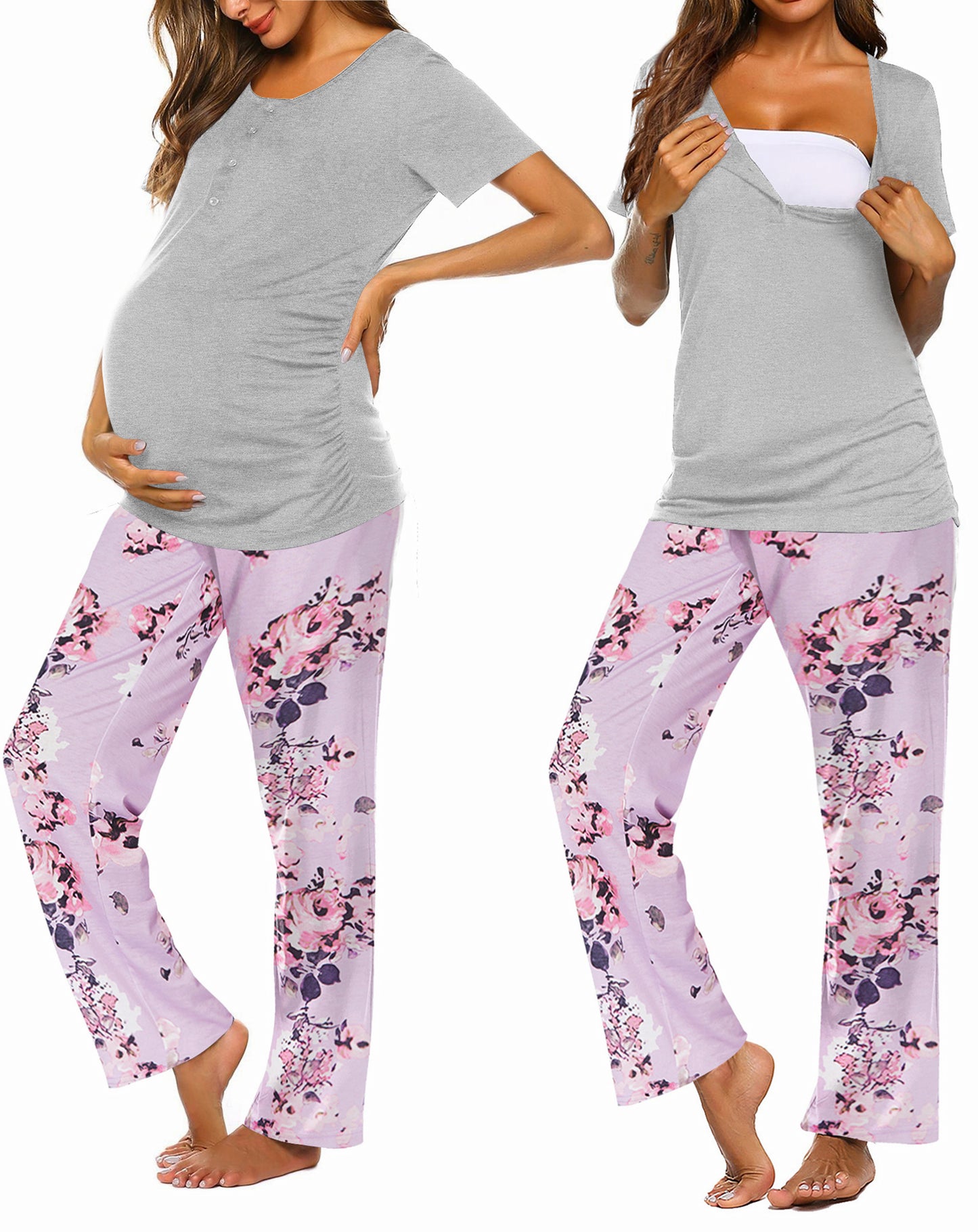 Ekouaer Women's Maternity Nursing Pajamas Sets Breastfeeding Printed Sleepwear Short Sleeve 2 Pcs Henley Top and Pants Set