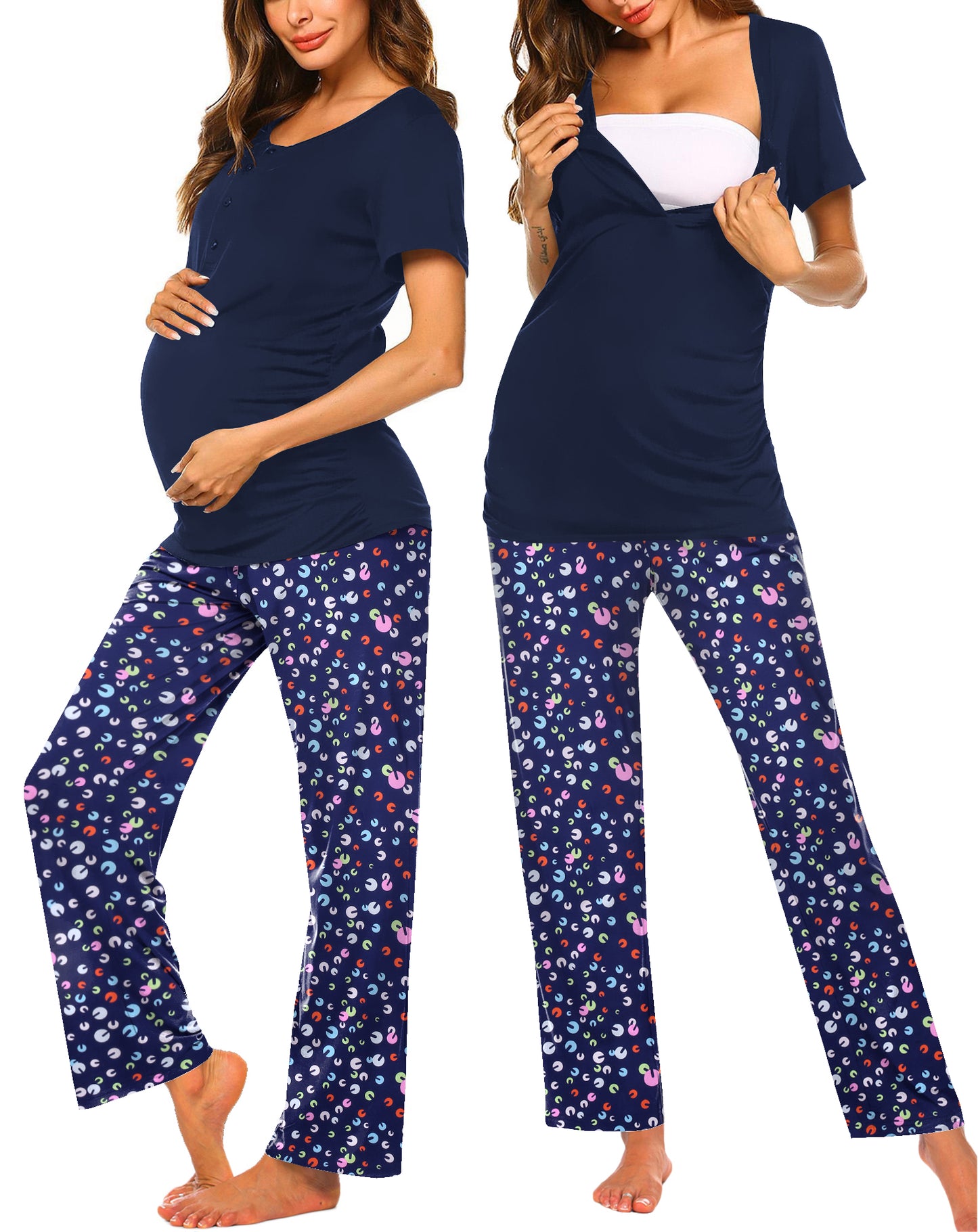 Ekouaer Women's Maternity Nursing Pajamas Sets Breastfeeding Printed Sleepwear Short Sleeve 2 Pcs Henley Top and Pants Set