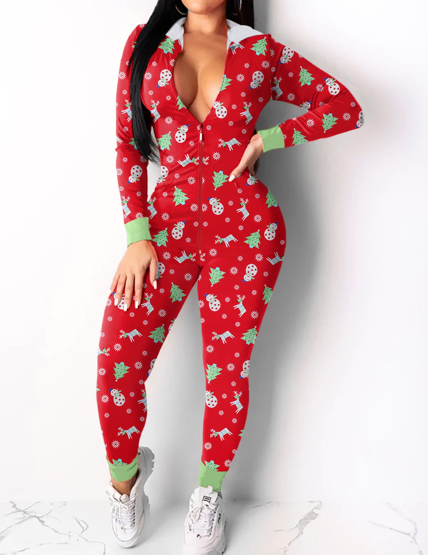 Ekouaer Christmas Onesie Women Sexy Pajamas Zipper Halloween Onepiece Bodycon Outfit Jumpsuit Costume