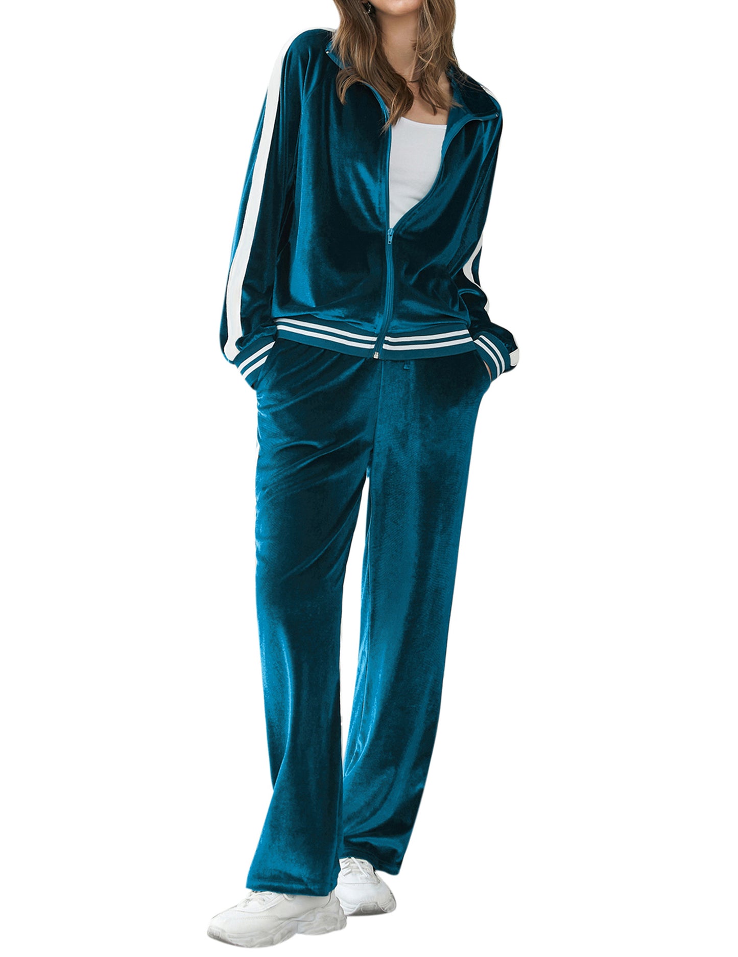 Ekouaer Women's Velvet Velor Tracksuits 2 Piece Lounge Outfits Zip Up Sweatshirt and Sweatpants with Pockets