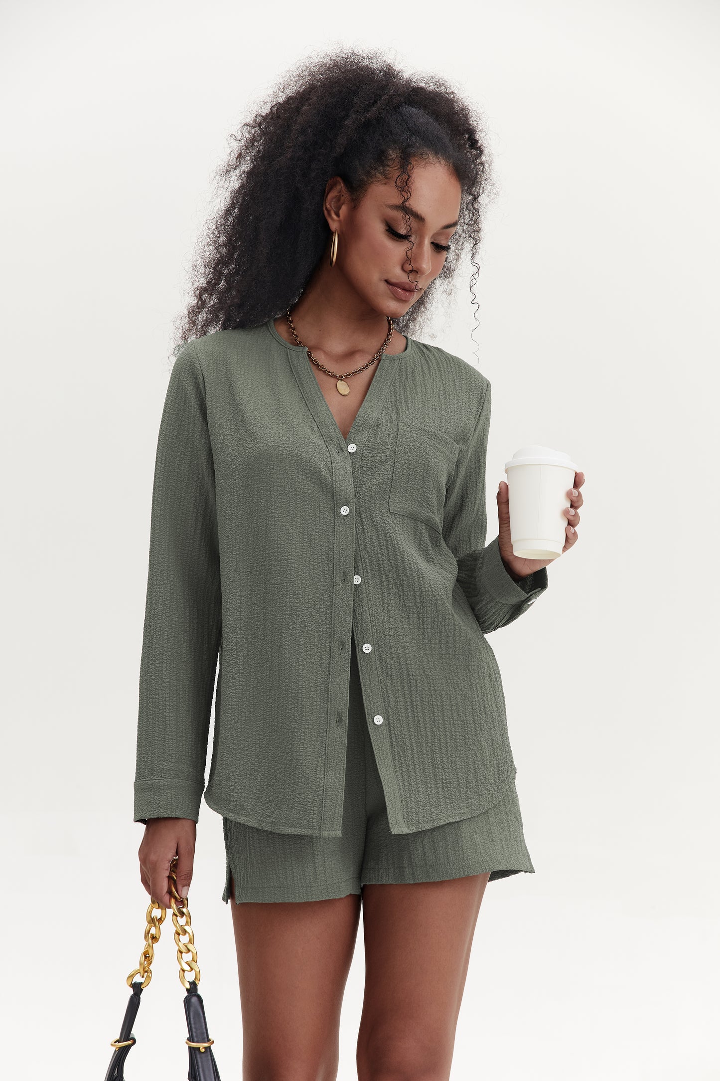 Ekouaer Summer Outfits for Women 2 Piece Sets Lounge Sets V Neck Button Down Shirt and Shorts Loungewear with Pockets