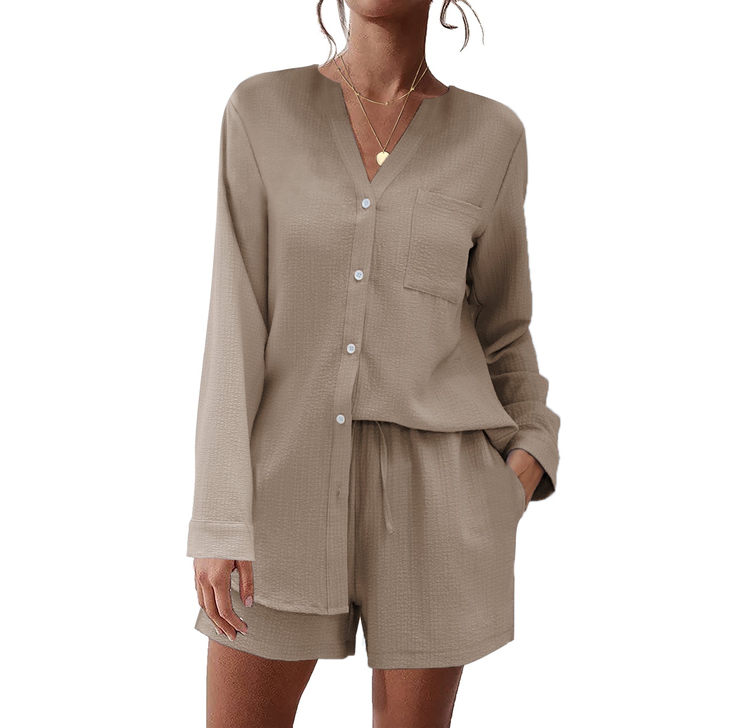 Ekouaer Summer Outfits for Women 2 Piece Sets Lounge Sets V Neck Button Down Shirt and Shorts Loungewear with Pockets