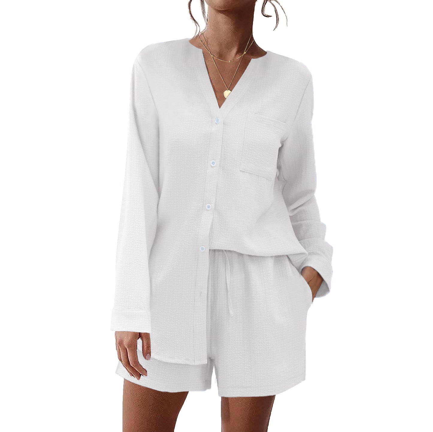 Ekouaer Summer Outfits for Women 2 Piece Sets Lounge Sets V Neck Button Down Shirt and Shorts Loungewear with Pockets