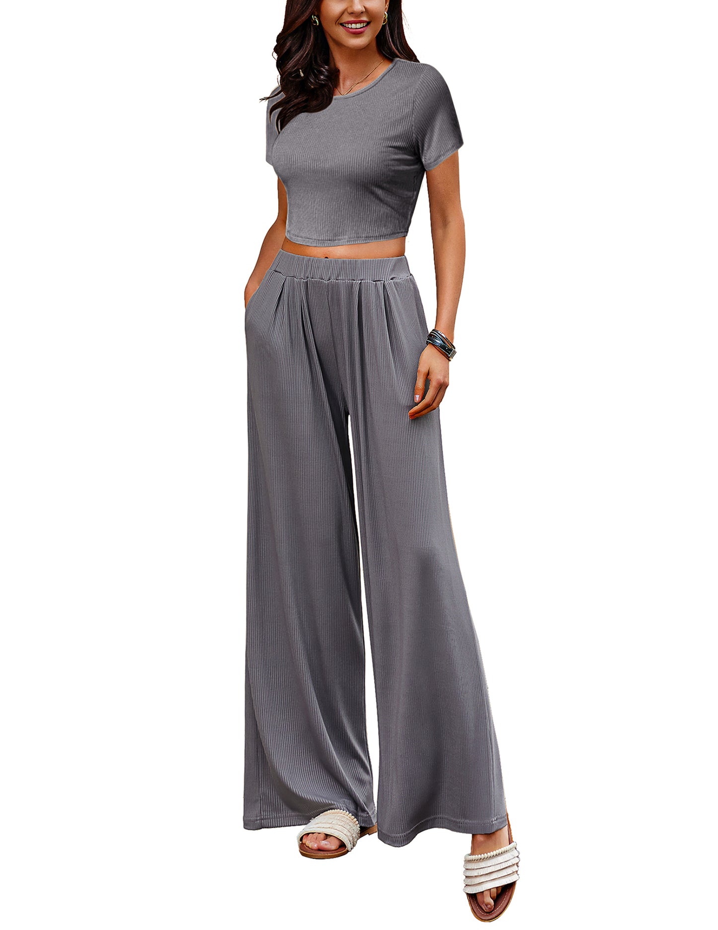 Ekouaer Women's 2 Piece Lounge Sets Short Sleeve Pajama Set Ribbed Knit Crop Top Wide Leg Pants Loungewear