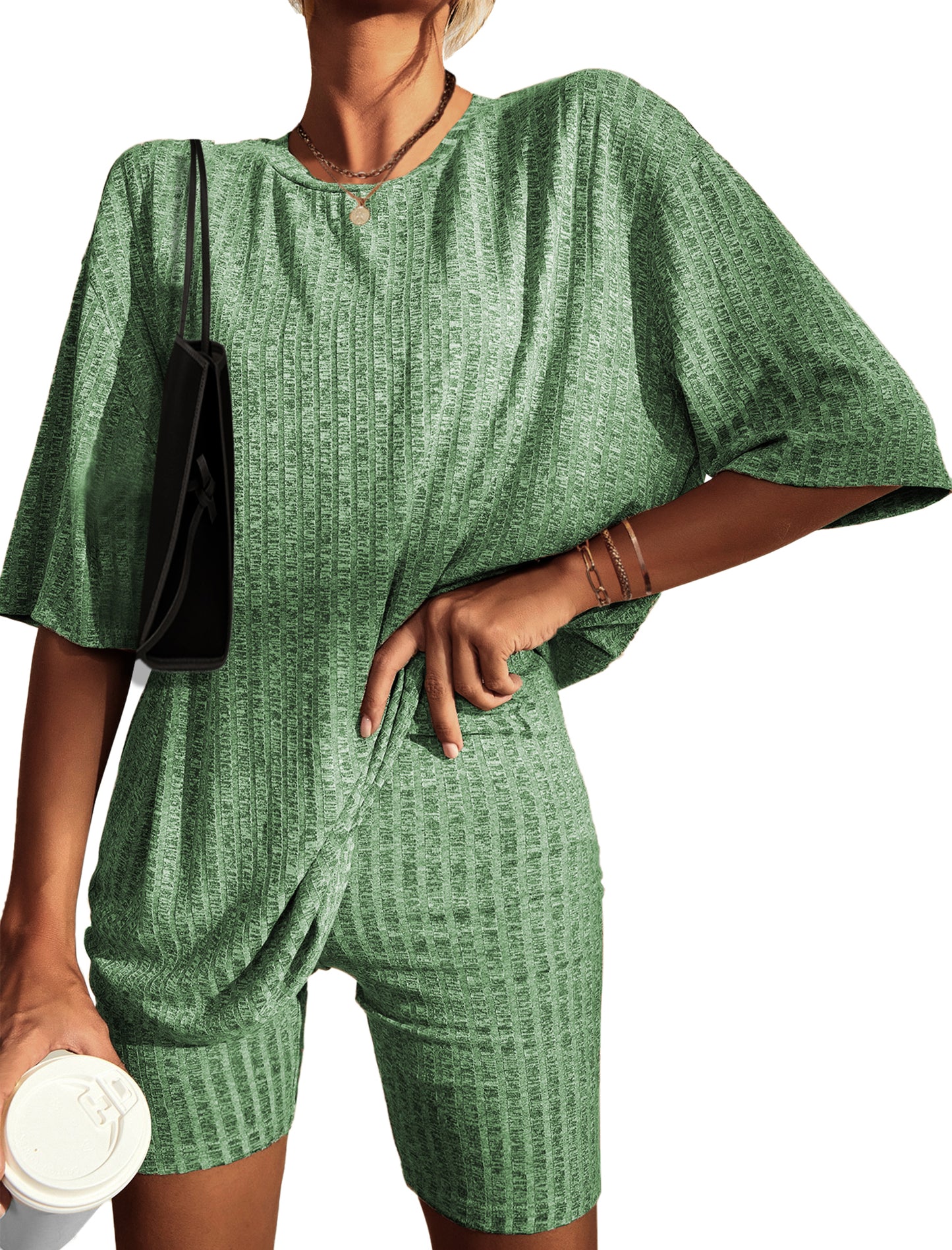 Ekouaer Pajamas 2 Piece Lounge Sets Ribbed Knit Matching Outfits T-shirt Biker Shorts Sleepwear Loungewear Sweatsuits
