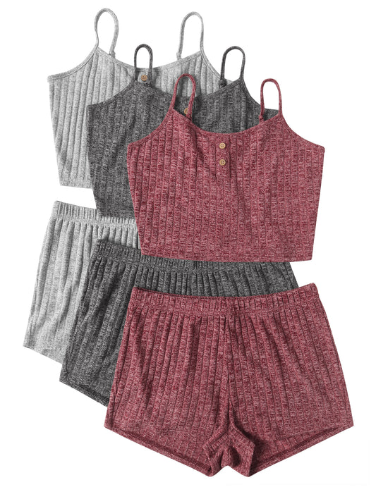 Ekouaer 3 Sets for Women Ribbed Pajamas Crop Cami Top and Shorts Pjs Casual Sleeveless Button Lounge Set Sleepwear