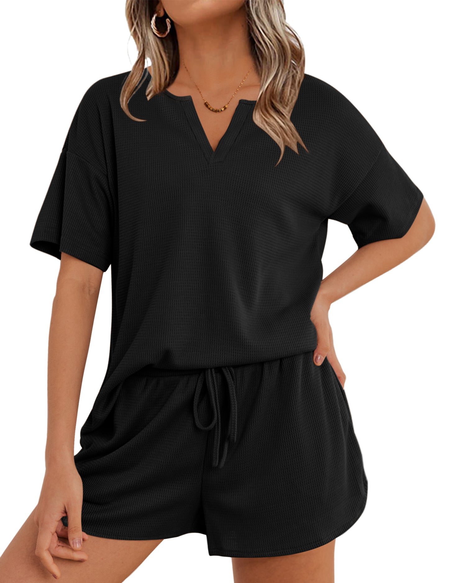 Ekouaer Waffle Knit Lounge Sets for Women 2 Piece Outfits Short Sleeve Top and Shorts Pajama Sets Tracksuit Sweatsuits
