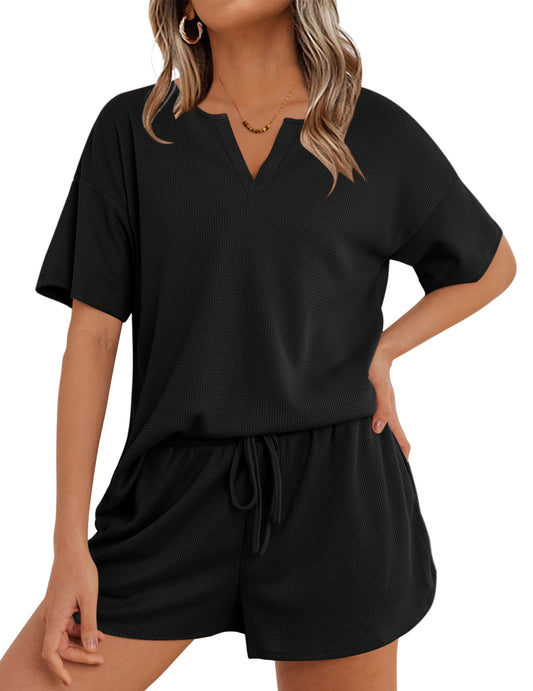 Ekouaer Waffle Knit Lounge Sets for Women 2 Piece Outfits Short Sleeve Top and Shorts Pajama Sets Tracksuit Sweatsuits