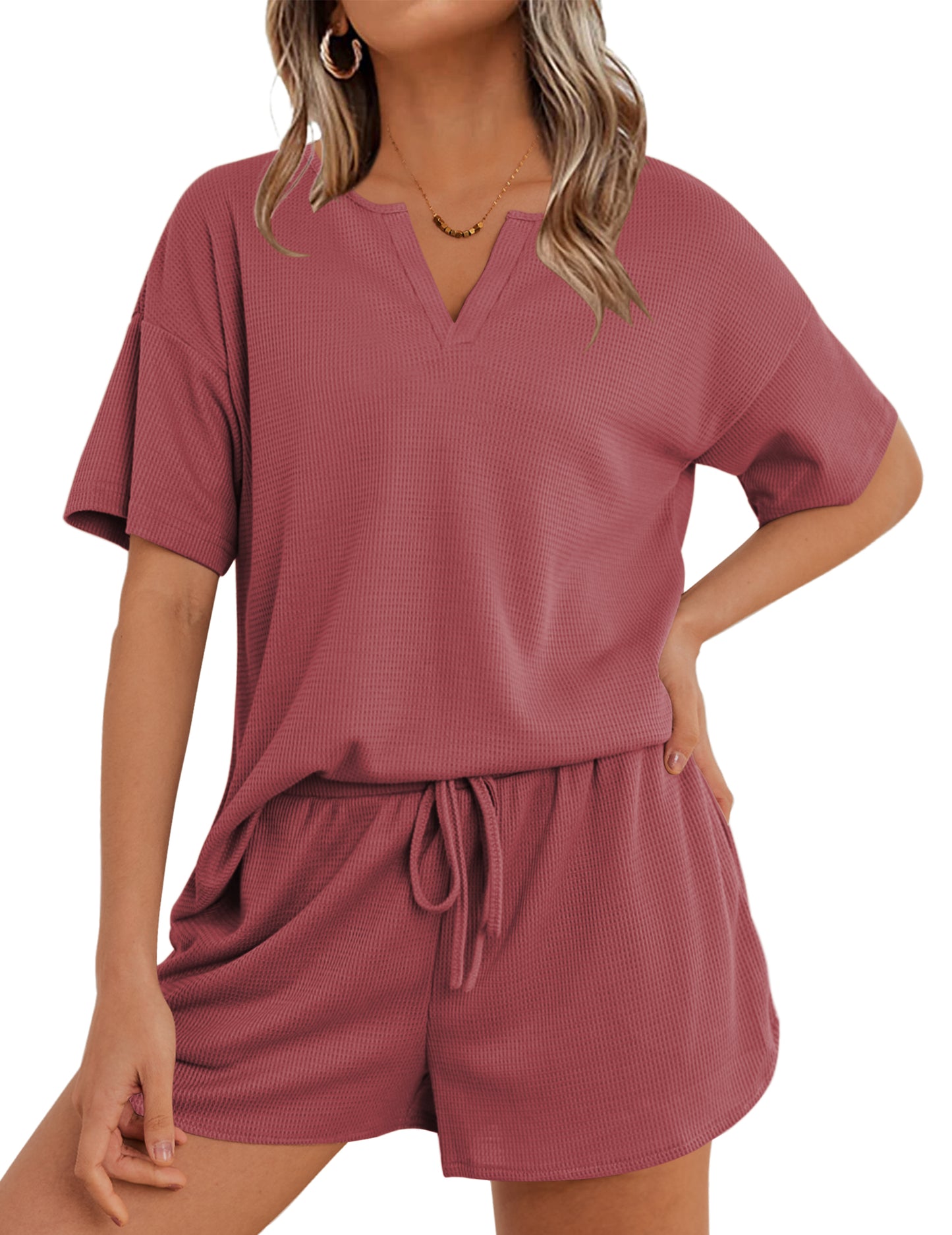 Ekouaer Waffle Knit Lounge Sets for Women 2 Piece Outfits Short Sleeve Top and Shorts Pajama Sets Tracksuit Sweatsuits
