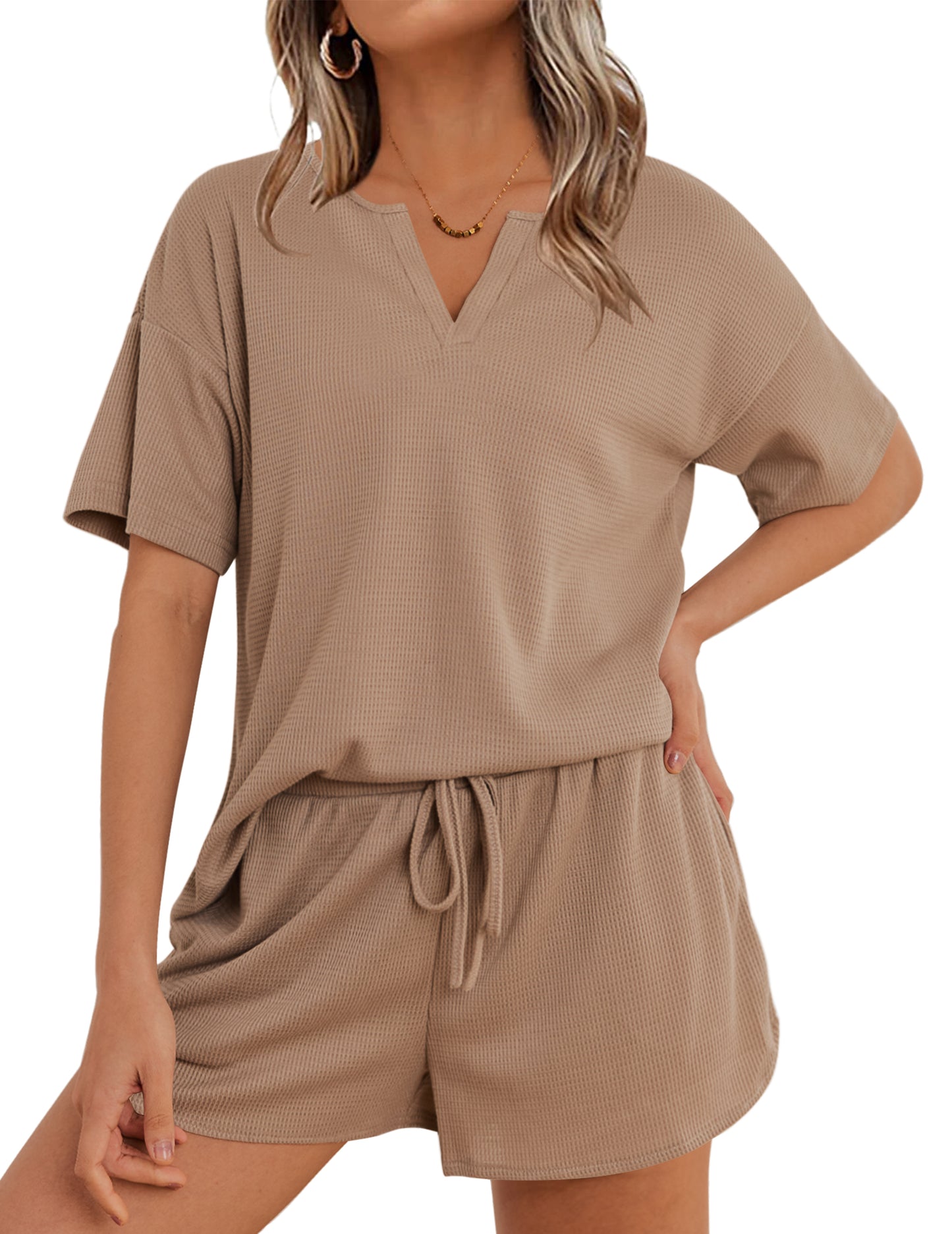 Ekouaer Waffle Knit Lounge Sets for Women 2 Piece Outfits Short Sleeve Top and Shorts Pajama Sets Tracksuit Sweatsuits