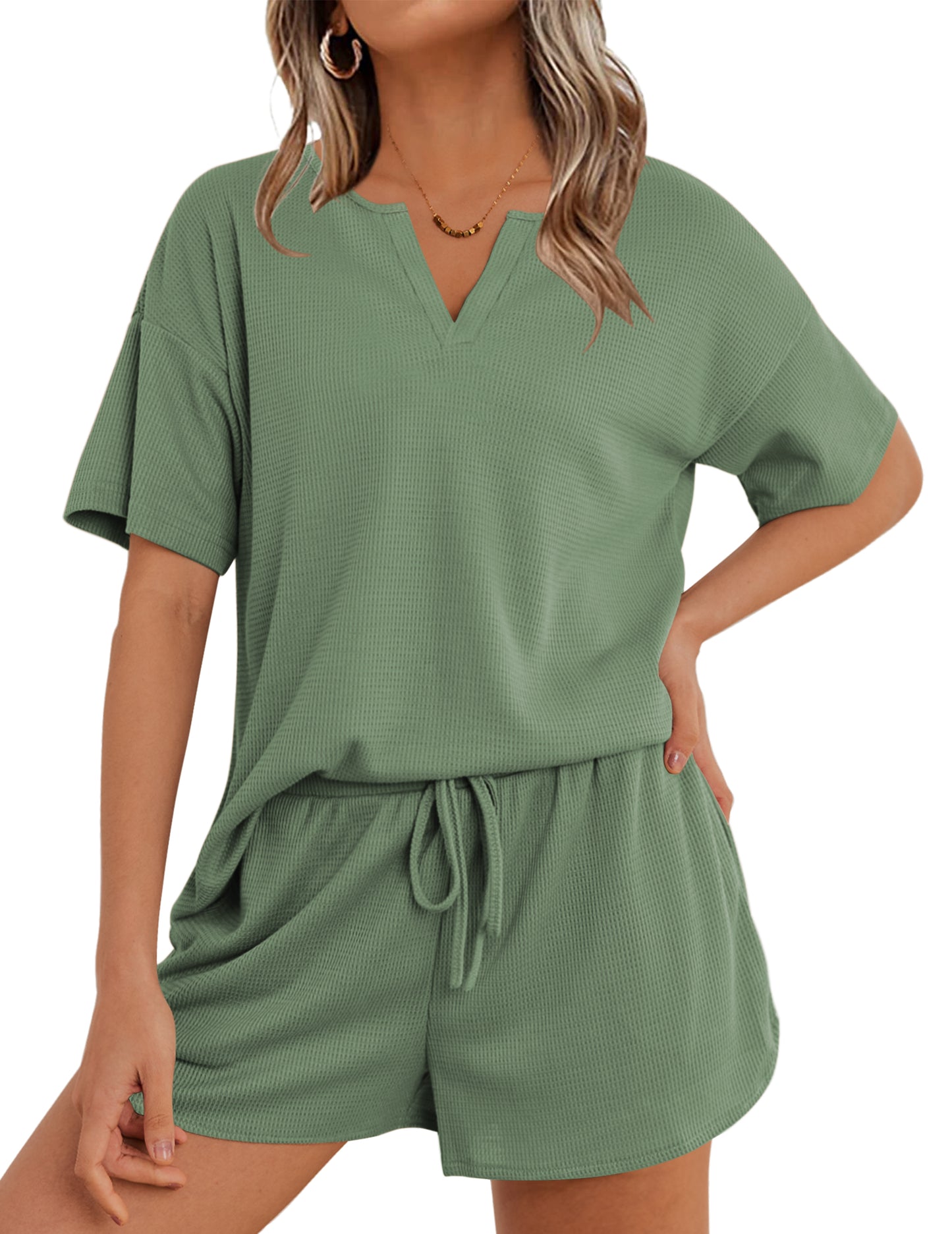 Ekouaer Waffle Knit Lounge Sets for Women 2 Piece Outfits Short Sleeve Top and Shorts Pajama Sets Tracksuit Sweatsuits