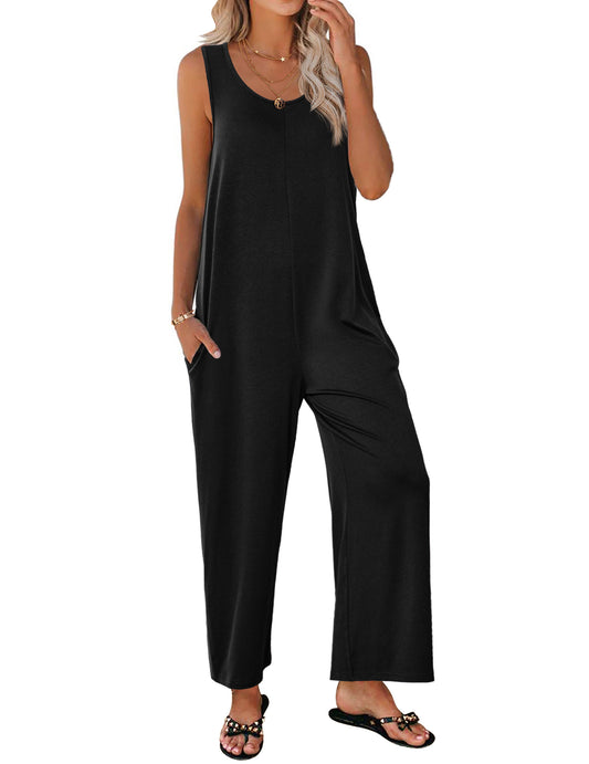 Ekouaer Sleeveless Jumpsuits for Women Casual Summer Scoop Neck Tank Rompers Wide Leg Pants Overall Jumpers with Pockets