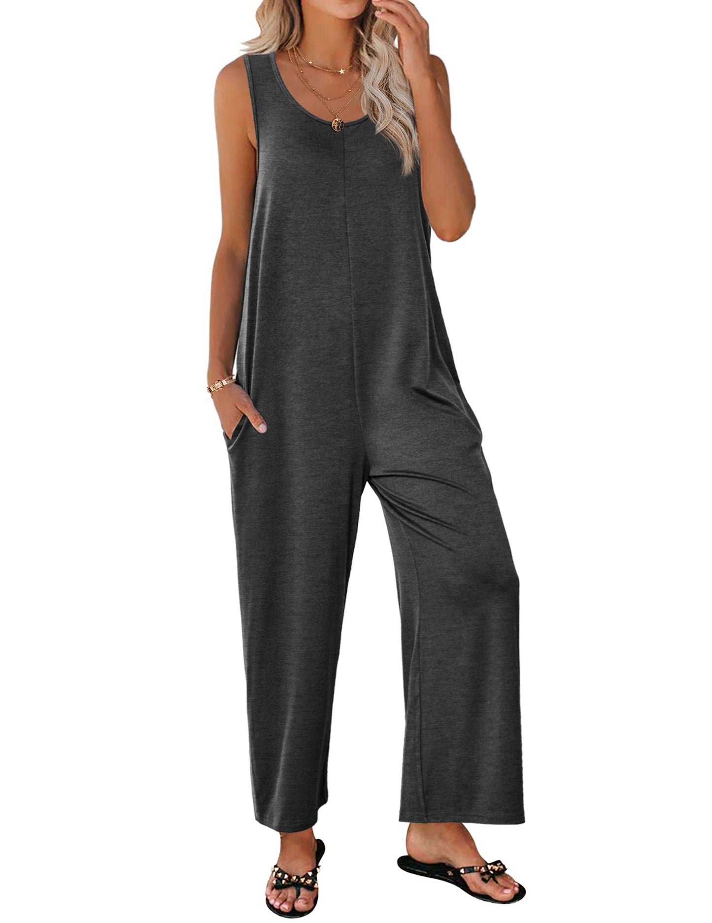 Ekouaer Sleeveless Jumpsuits for Women Casual Summer Scoop Neck Tank Rompers Wide Leg Pants Overall Jumpers with Pockets