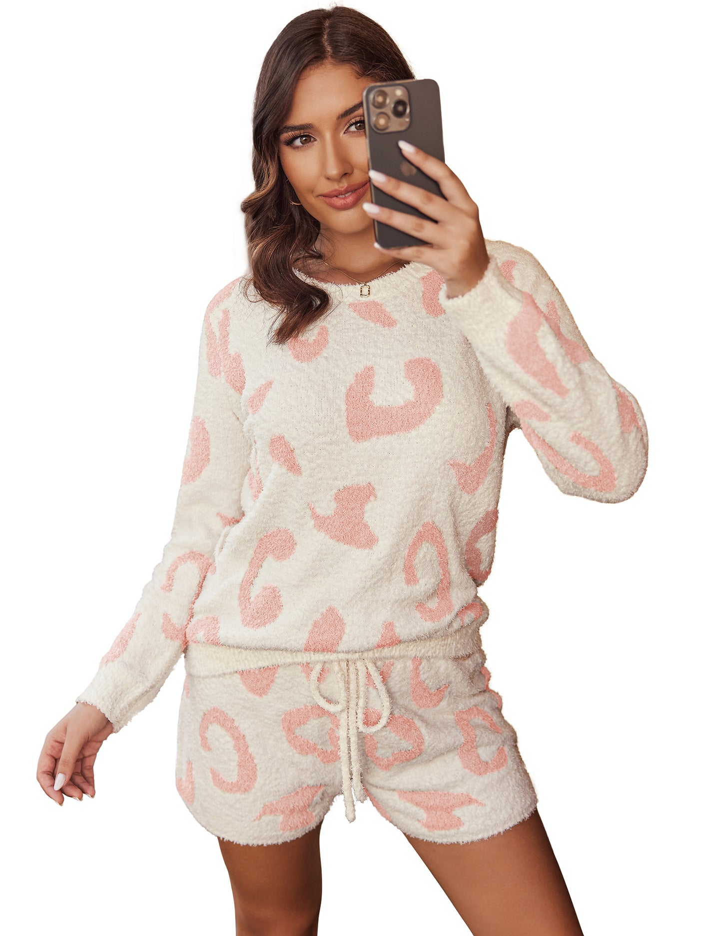 Ekouaer Fuzzy Fleece Pajamas 2 Piece Warm Soft Lounge Set Long Sleeve Sweater Top and Shorts Loungewear Outfits Sweatsuits