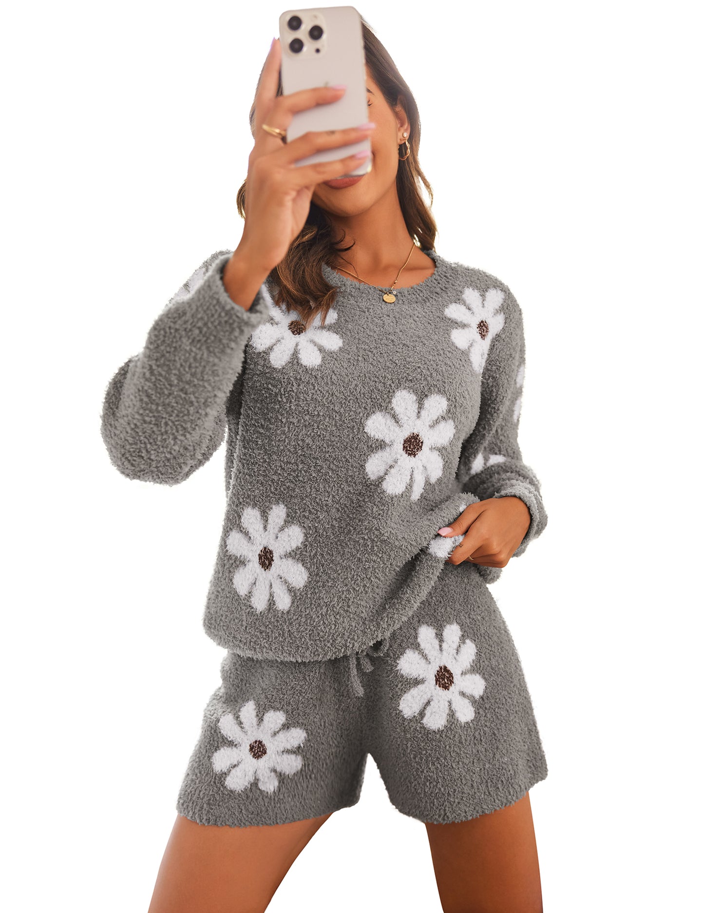 Ekouaer Fuzzy Fleece Pajamas 2 Piece Warm Soft Lounge Set Long Sleeve Sweater Top and Shorts Loungewear Outfits Sweatsuits