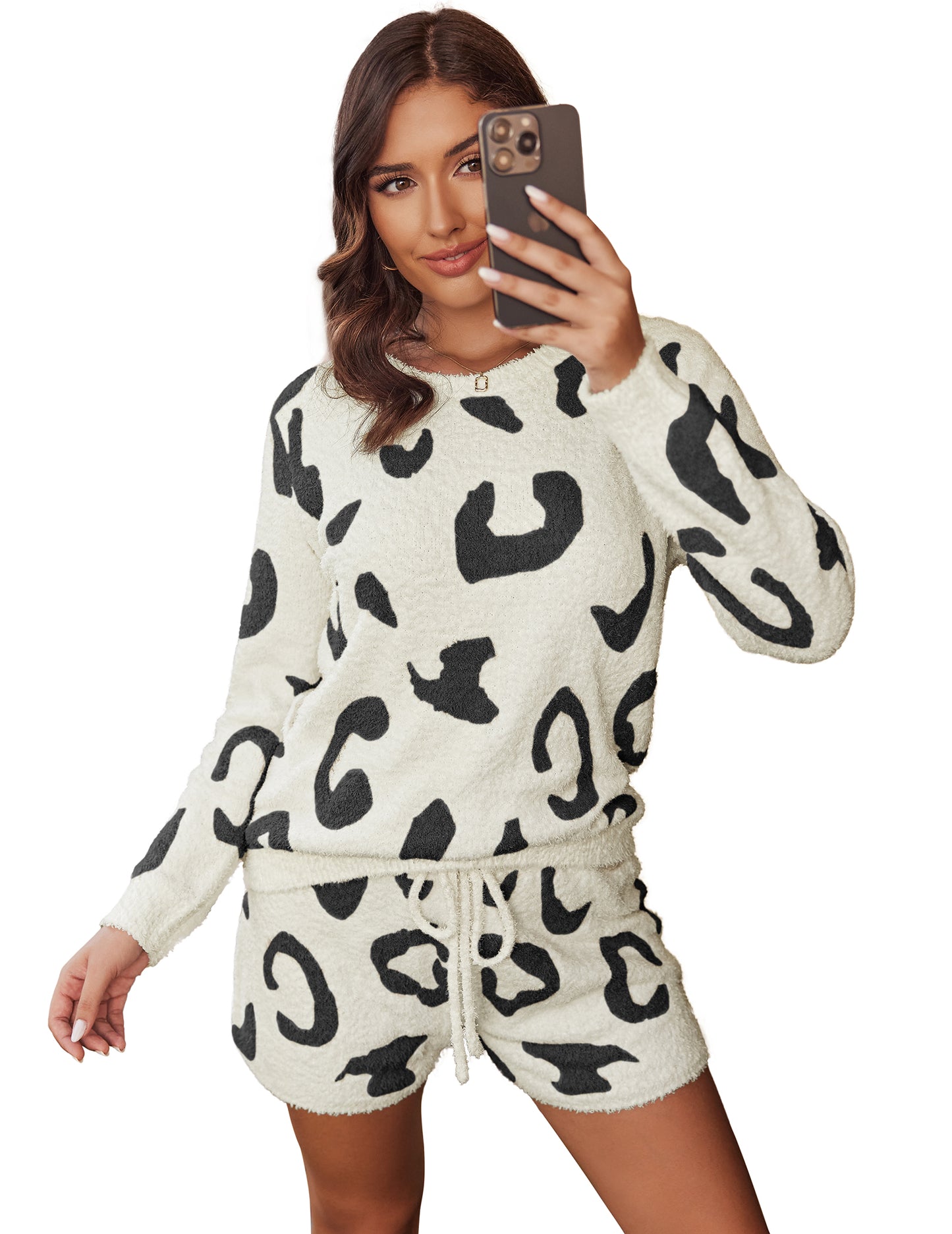 Ekouaer Fuzzy Fleece Pajamas 2 Piece Warm Soft Lounge Set Long Sleeve Sweater Top and Shorts Loungewear Outfits Sweatsuits