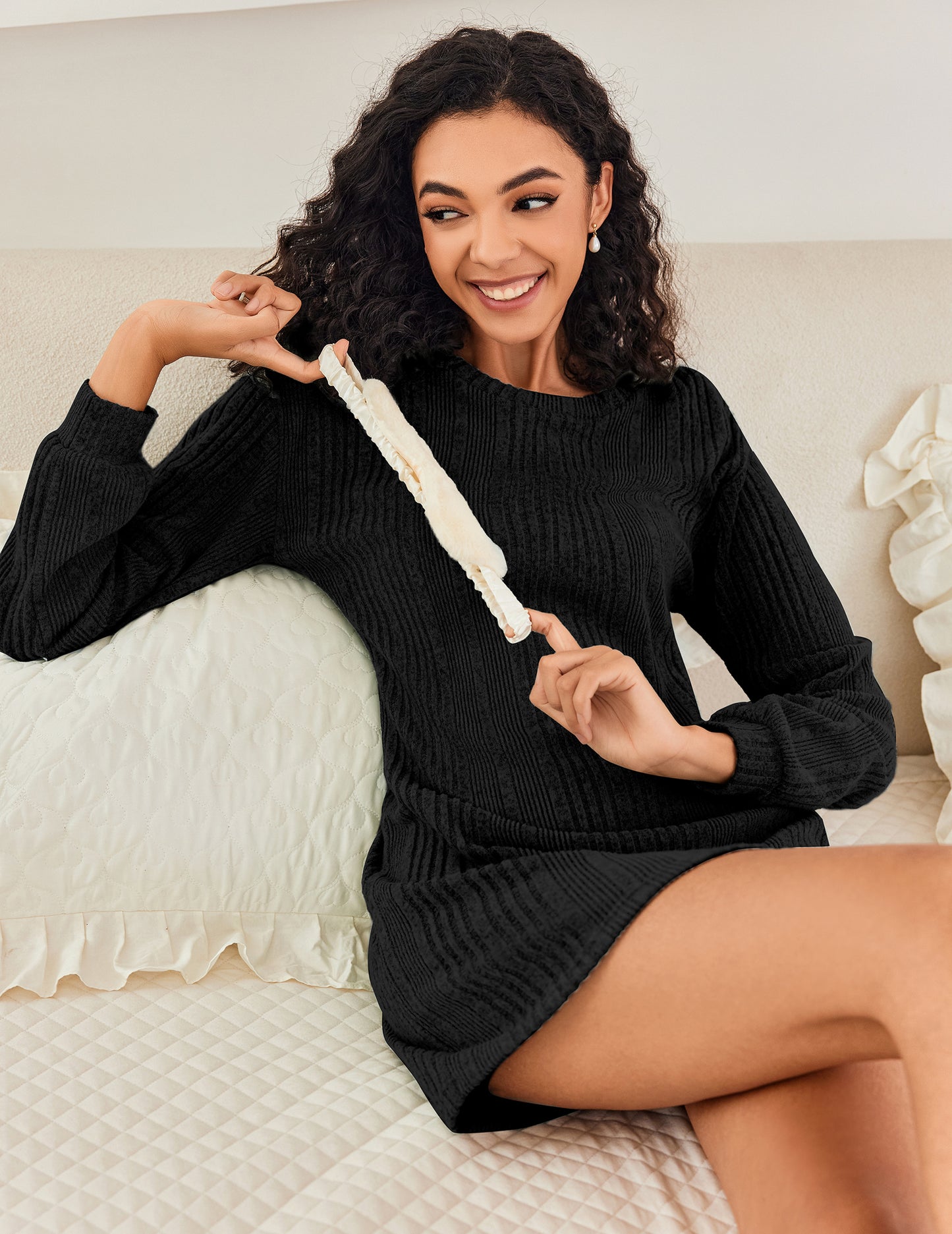 Ekouaer Women's Nightgown Long Sleeve Ribbed Knit Nightshirt Round Neck Sleep Shirt Soft Sweater Dress