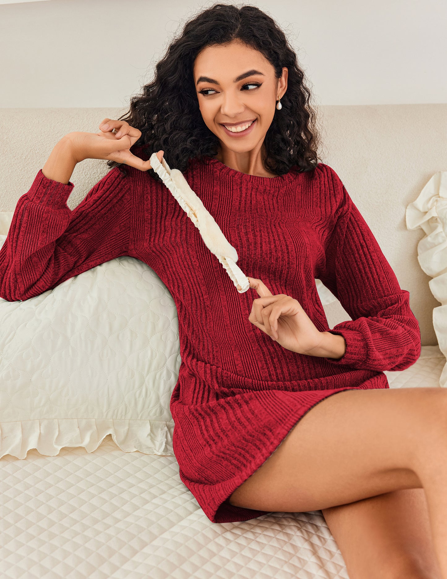 Ekouaer Women's Nightgown Long Sleeve Ribbed Knit Nightshirt Round Neck Sleep Shirt Soft Sweater Dress