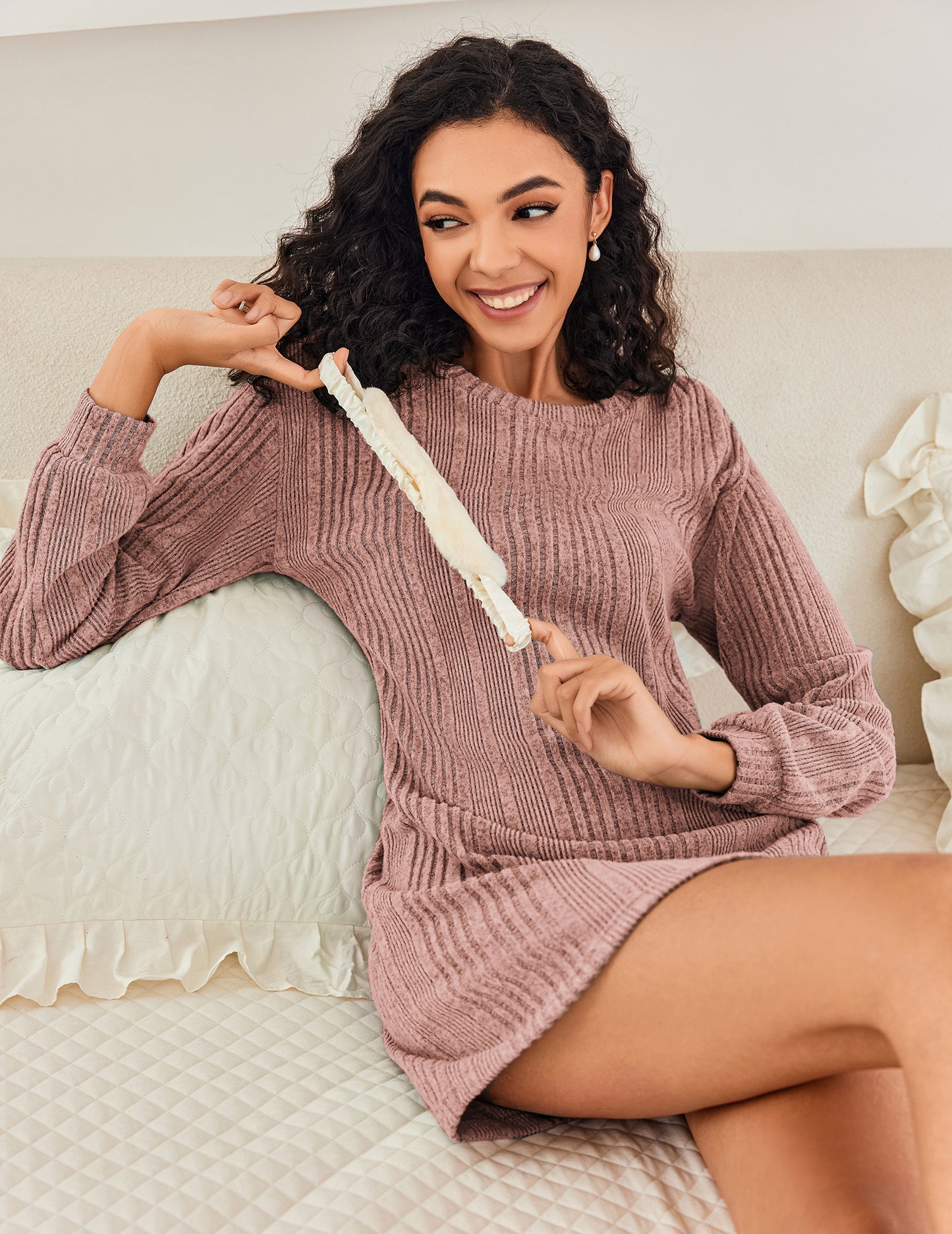 Ekouaer Women's Nightgown Long Sleeve Ribbed Knit Nightshirt Round Neck Sleep Shirt Soft Sweater Dress