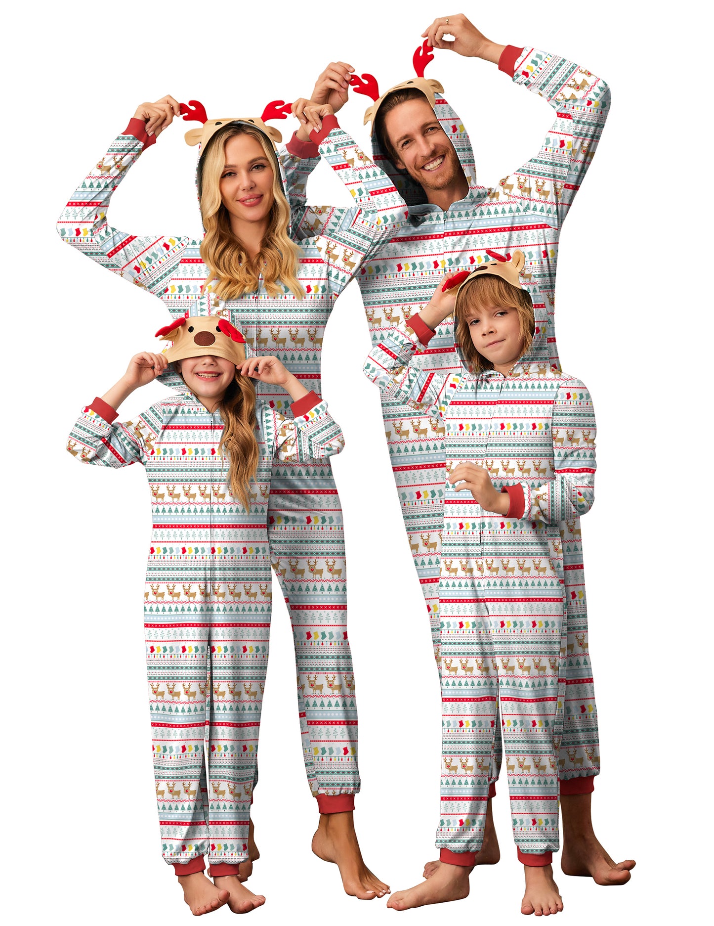 Ekouaer Christmas Onesie Matching Family Elk Antler Hooded Zipper One Piece Long Sleeve Pajamas with Pockets
