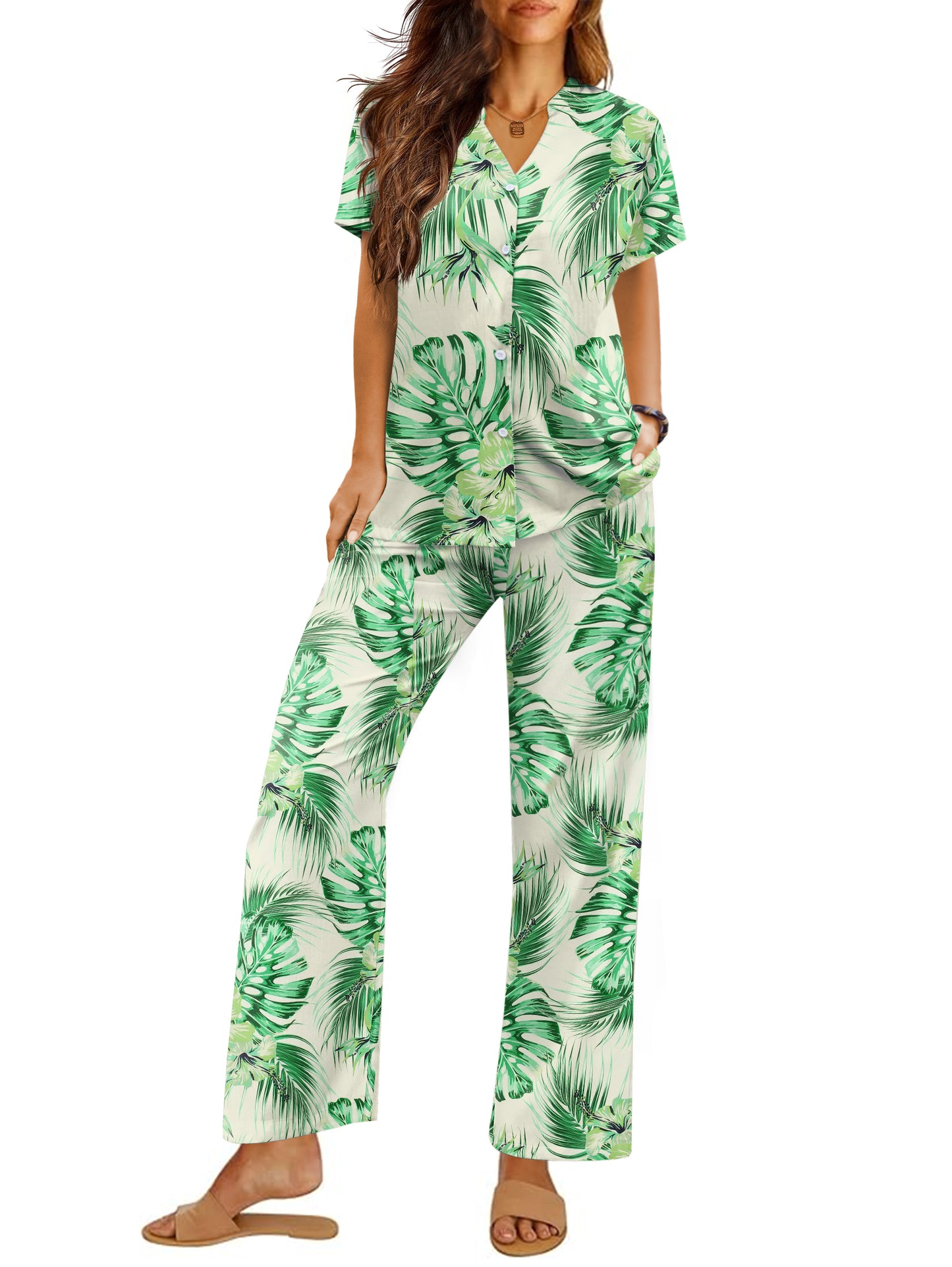 Ekouaer Women Pajamas Set Short Sleeve Button Down Sleepwear Soft Pjs Loungewear Pants Set