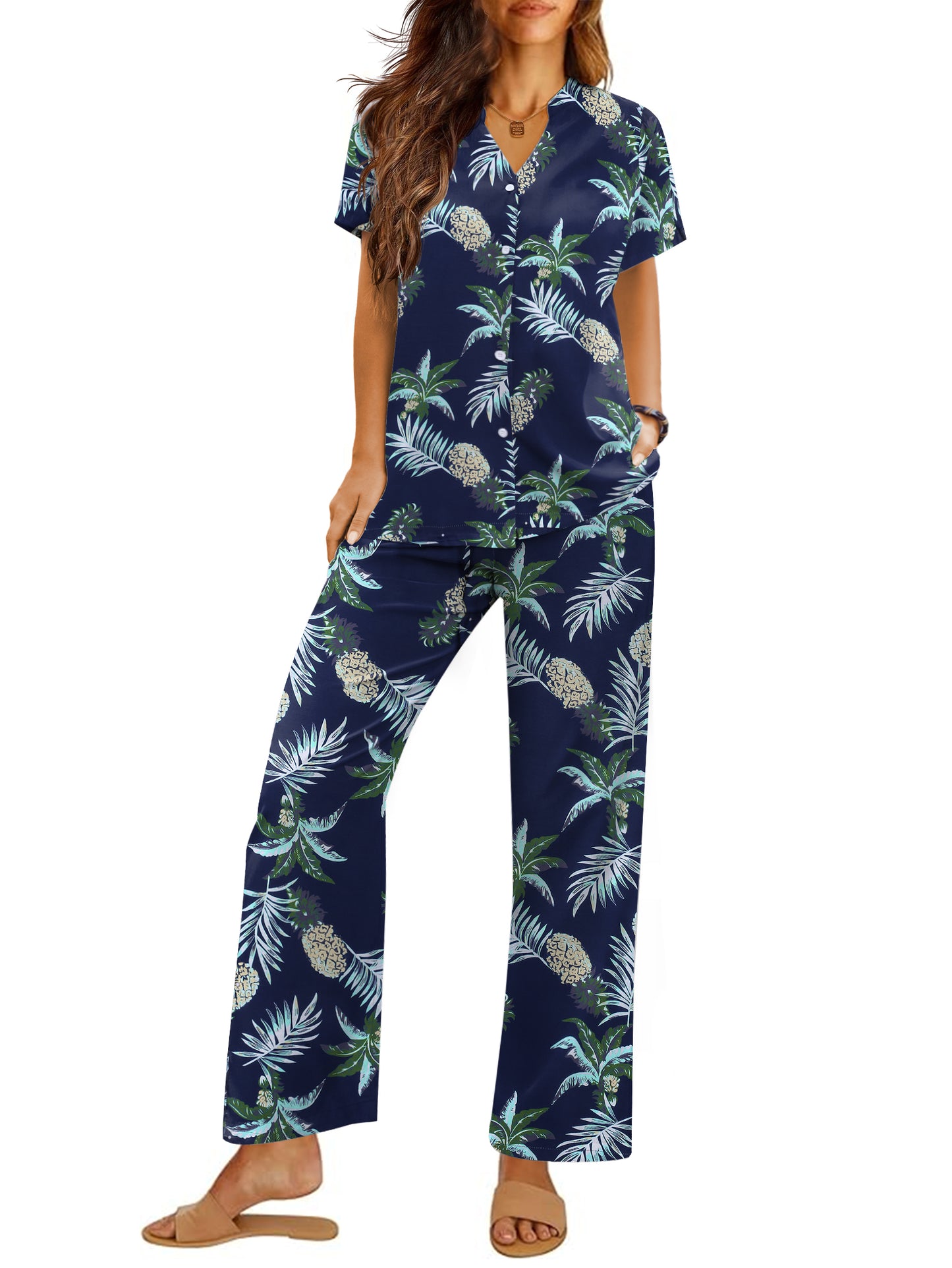 Ekouaer Women Pajamas Set Short Sleeve Button Down Sleepwear Soft Pjs Loungewear Pants Set