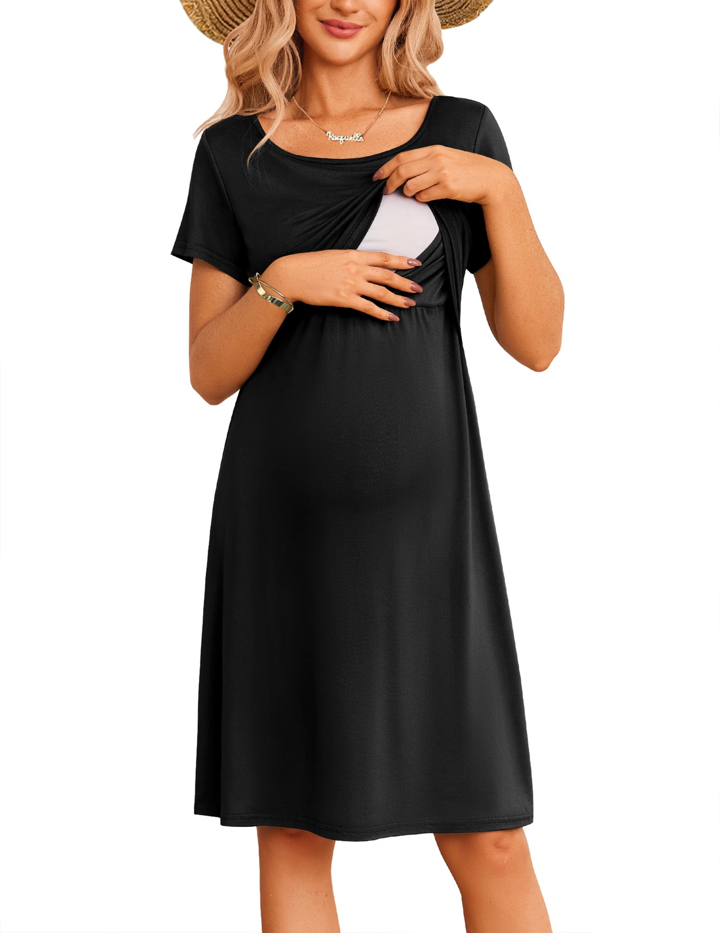 Ekouaer Women's Nursing Dress Summer Short Sleeve Patchwork Maternity Breastfeeding Knee Length Dress