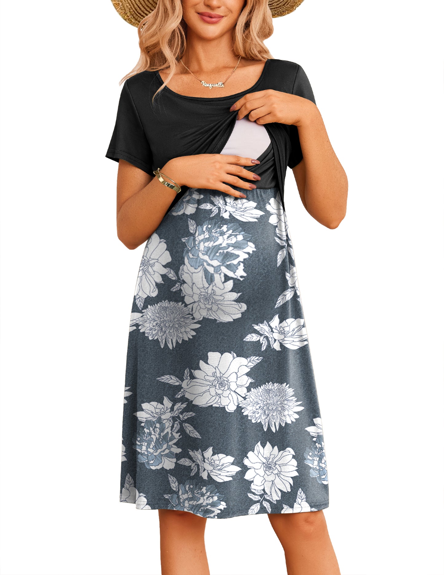 Ekouaer Women's Nursing Dress Summer Short Sleeve Patchwork Maternity Breastfeeding Knee Length Dress