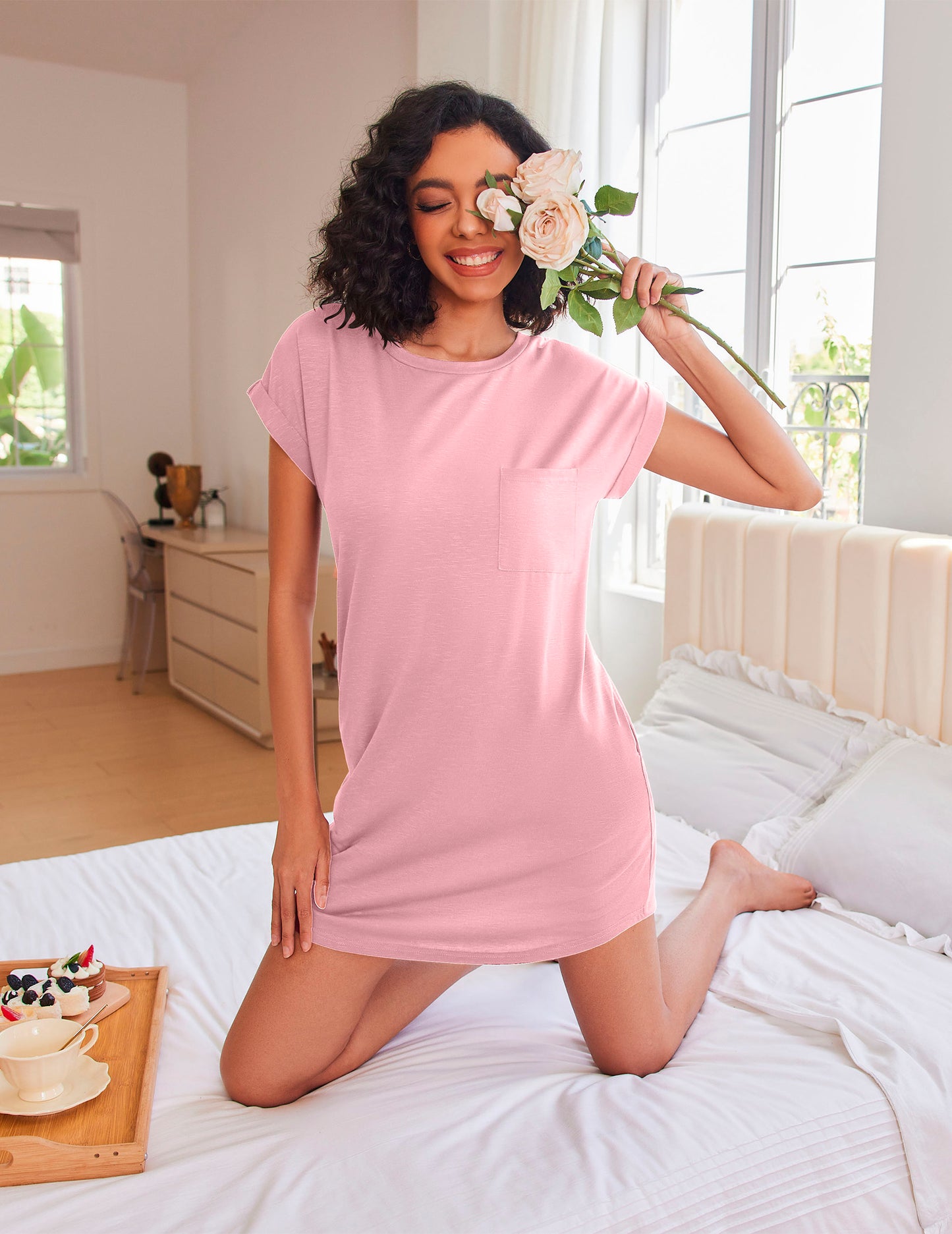 Ekouaer Tshirt Nightgowns for Women Slub-Knit Sleepshirt Soft Night Gown Casual Sleepwear Night Shirt with Pockets