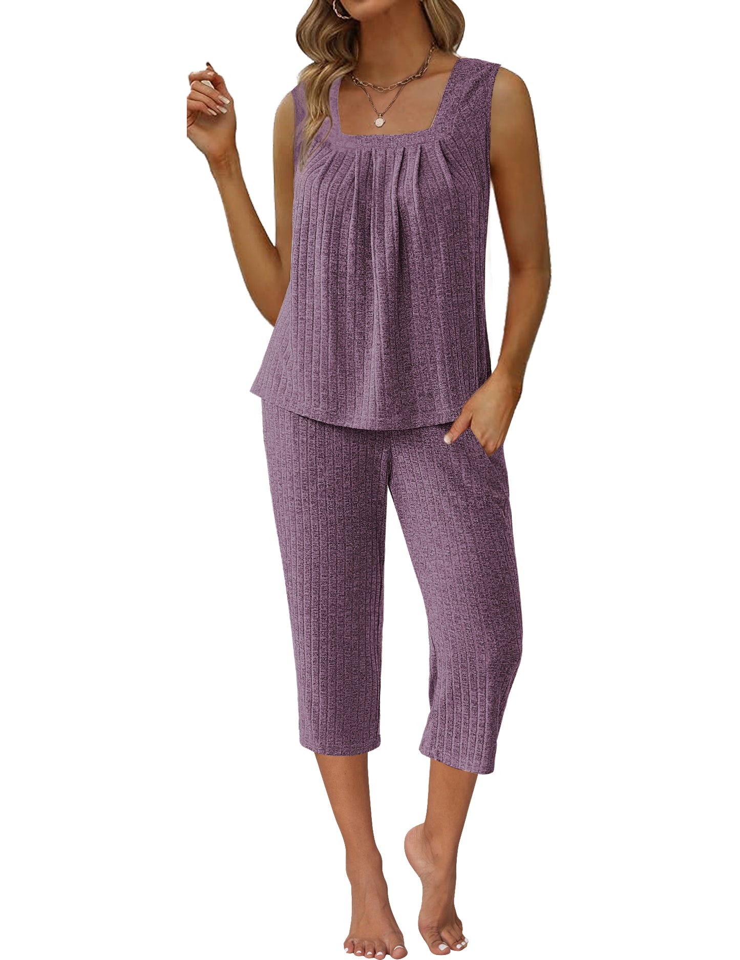 Ekouaer Womens Pajamas Set Pleated Square Neck Sleeveless Tops and Capri Pants Lounge Sets 2 Piece Summer Outfits