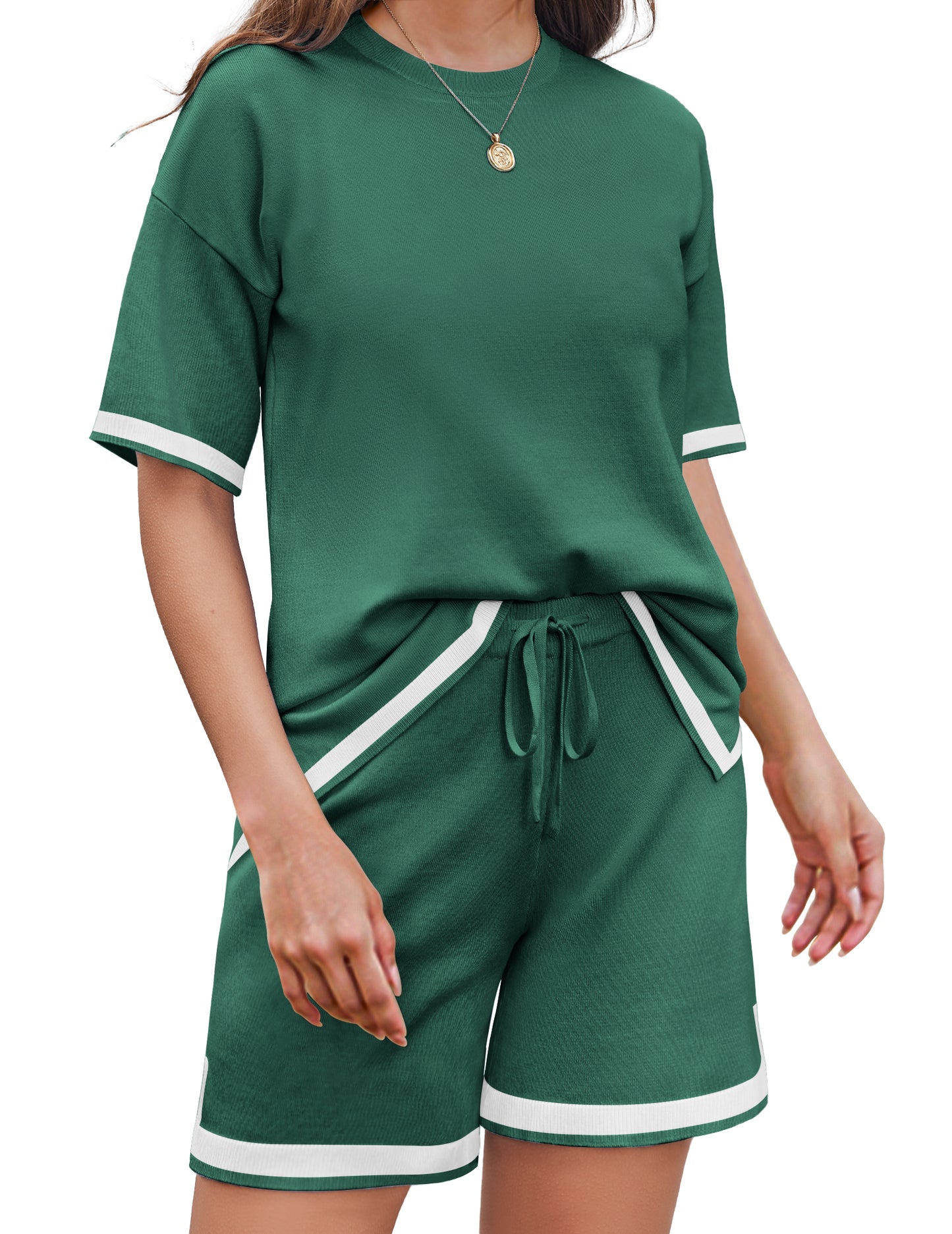 Ekouaer Womens Knit Lounge Set 2 Piece Sweater Sets Short Sleeve Sweatsuit Pullover Tops