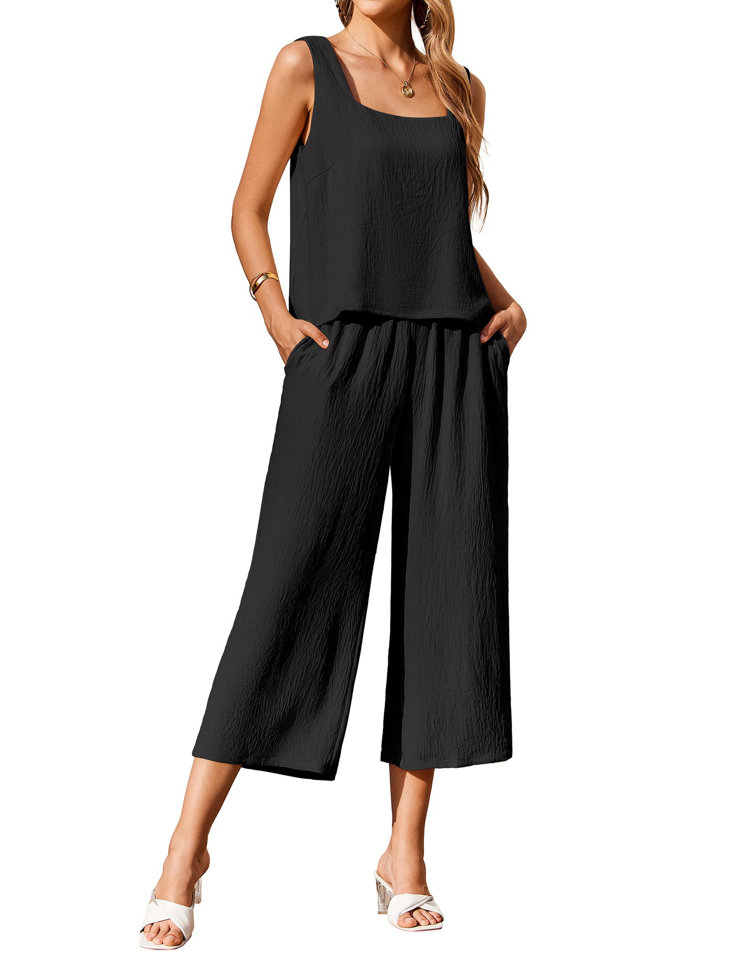 Ekouear Women's 2 Piece Outfits Sleeveless Top Capri Pants Matching Lounge Set Vacation Clothes