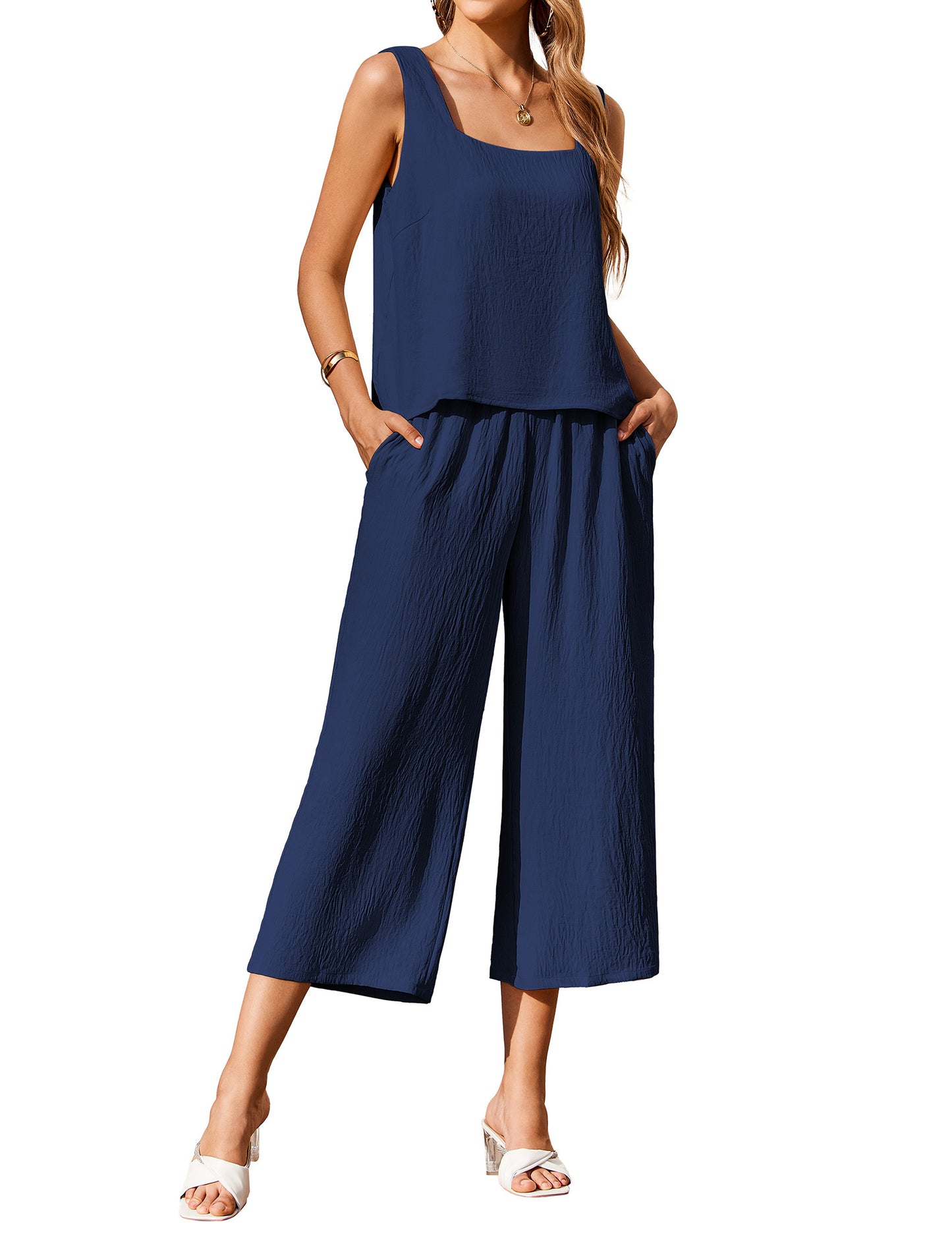 Ekouear Women's 2 Piece Outfits Sleeveless Top Capri Pants Matching Lounge Set Vacation Clothes