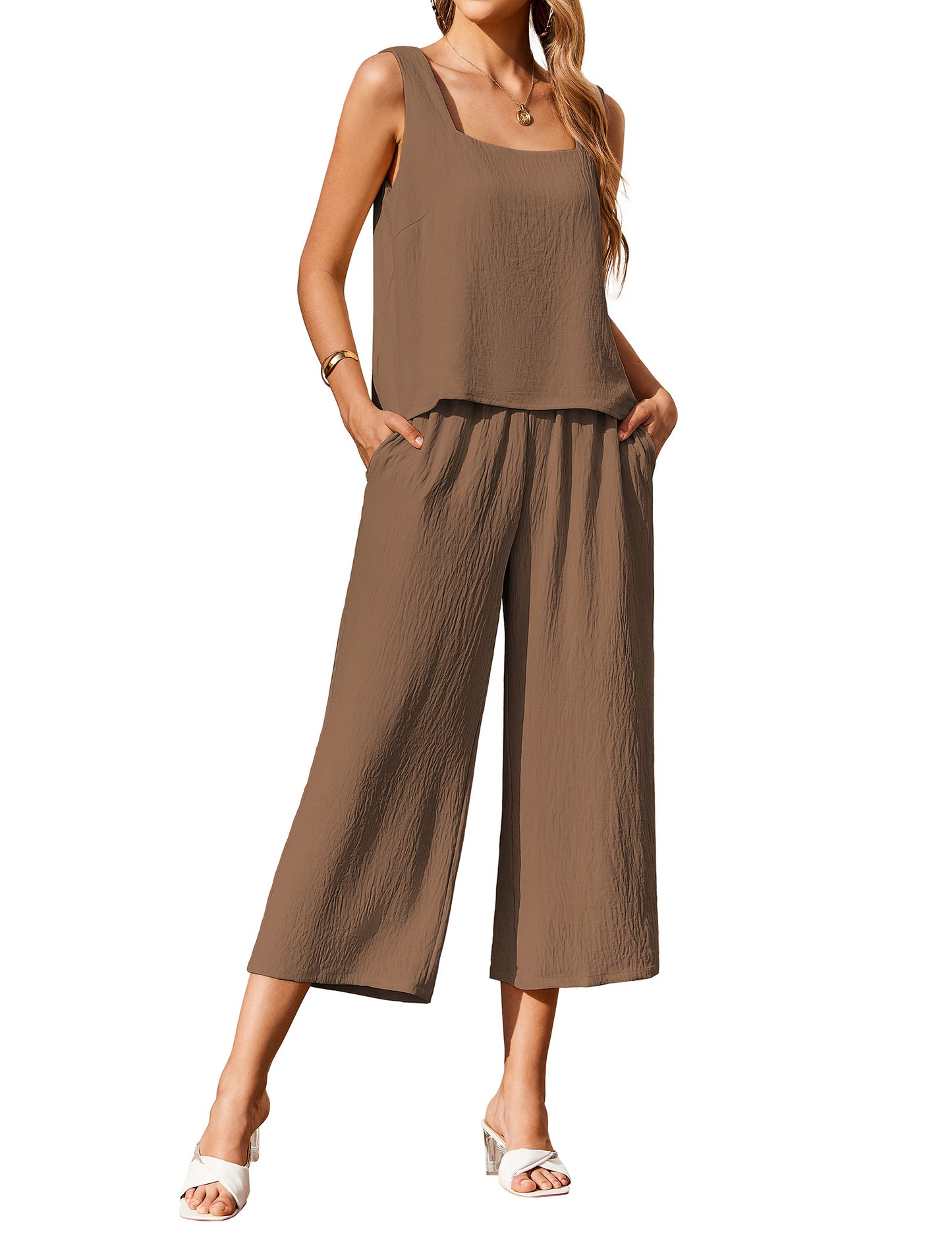Ekouear Women's 2 Piece Outfits Sleeveless Top Capri Pants Matching Lounge Set Vacation Clothes