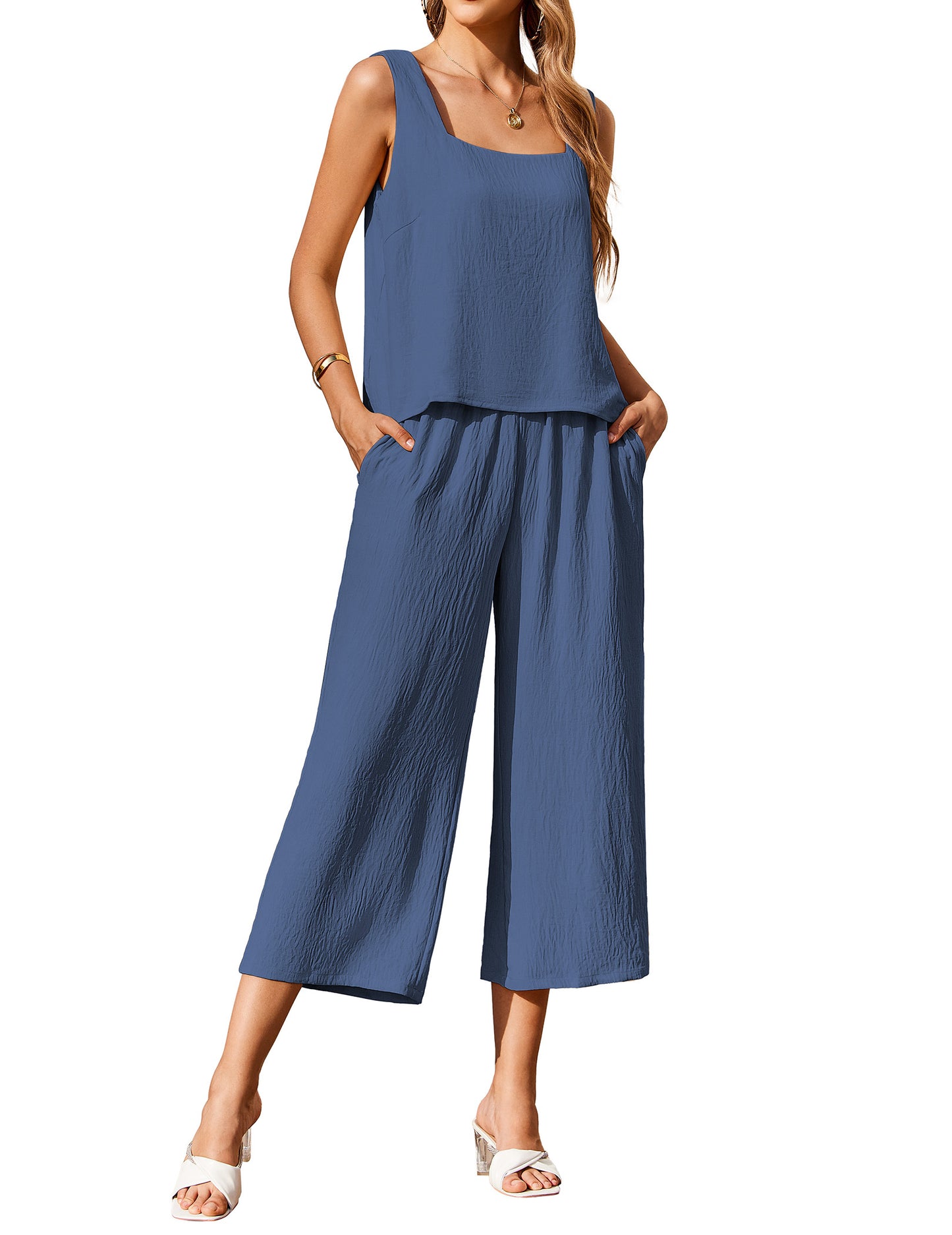 Ekouear Women's 2 Piece Outfits Sleeveless Top Capri Pants Matching Lounge Set Vacation Clothes