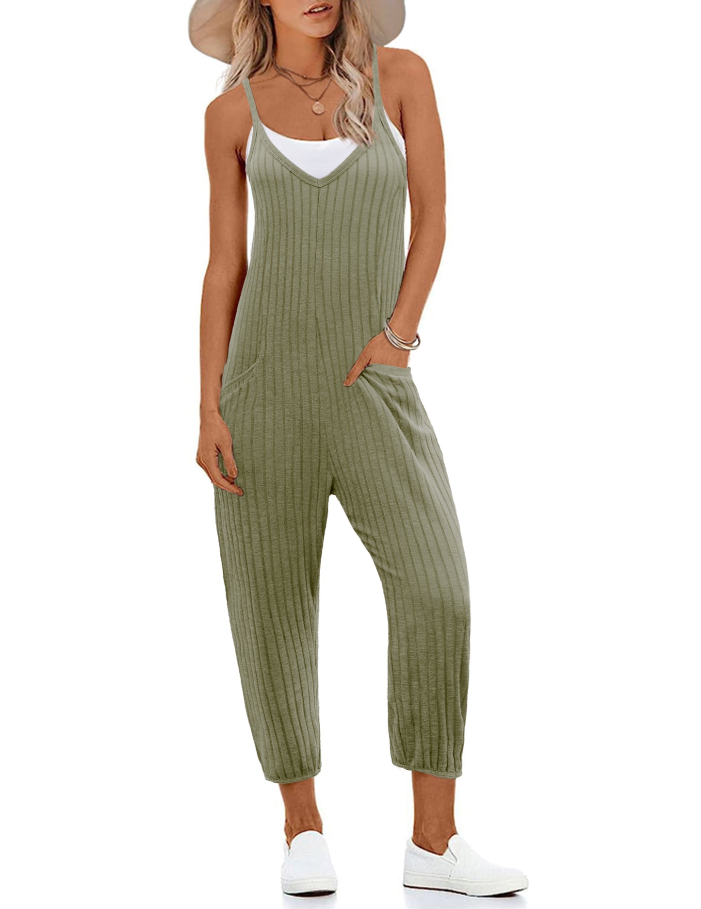 Ekouaer Jumpsuits for Women Sleeveless Spaghetti Strap Ribbed Overall Jumpsuit V Neck Summer Romper with Pockets