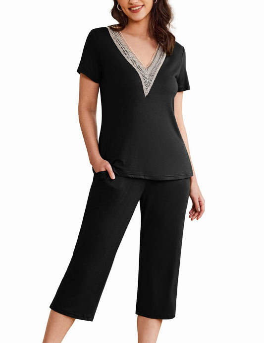 Ekouaer Women's Pajamas Set Short Sleeve Lace V Neck Sleepwear Top Capri Pants Pjs Sets Soft Loungewear